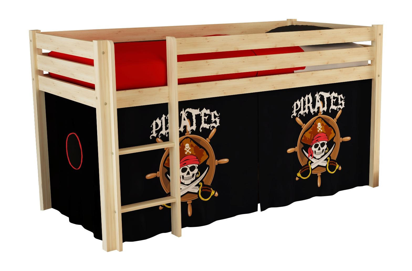 KINDERBETT Karolina 210x114x106 Massivholz Natur Textilset Pirate - Schwarz/Kieferfarben, Holz (90/200cm) - 58aufmkessel