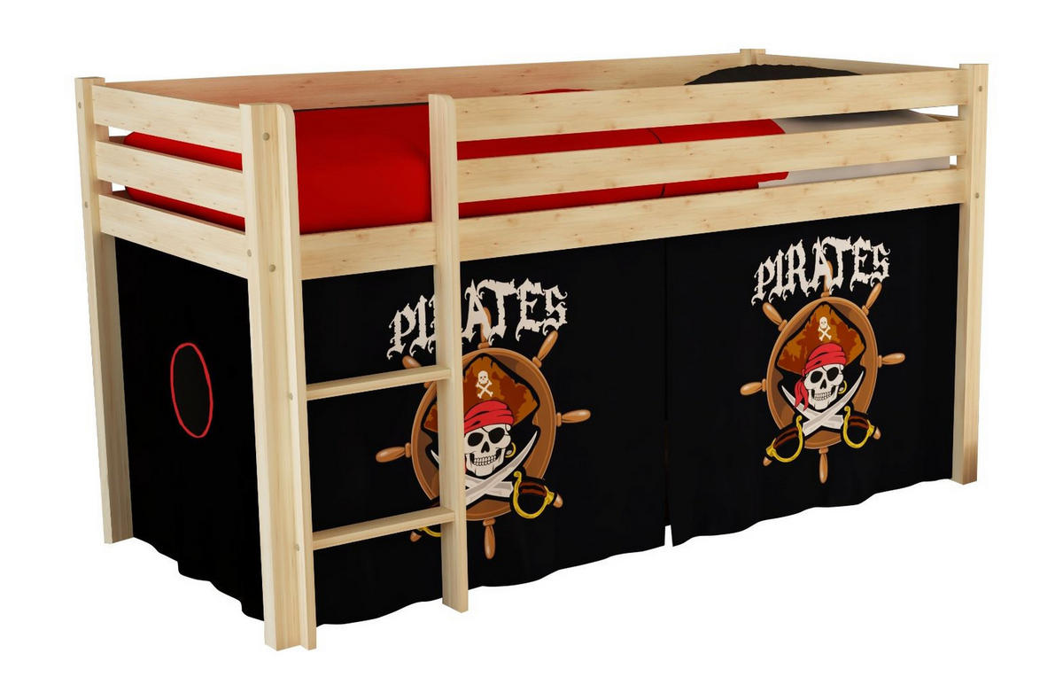 KINDERBETT Karolina 210x114x106 Massivholz Natur Textilset Pirate - Schwarz/Kieferfarben, Holz (90/200cm) - 58aufmkessel