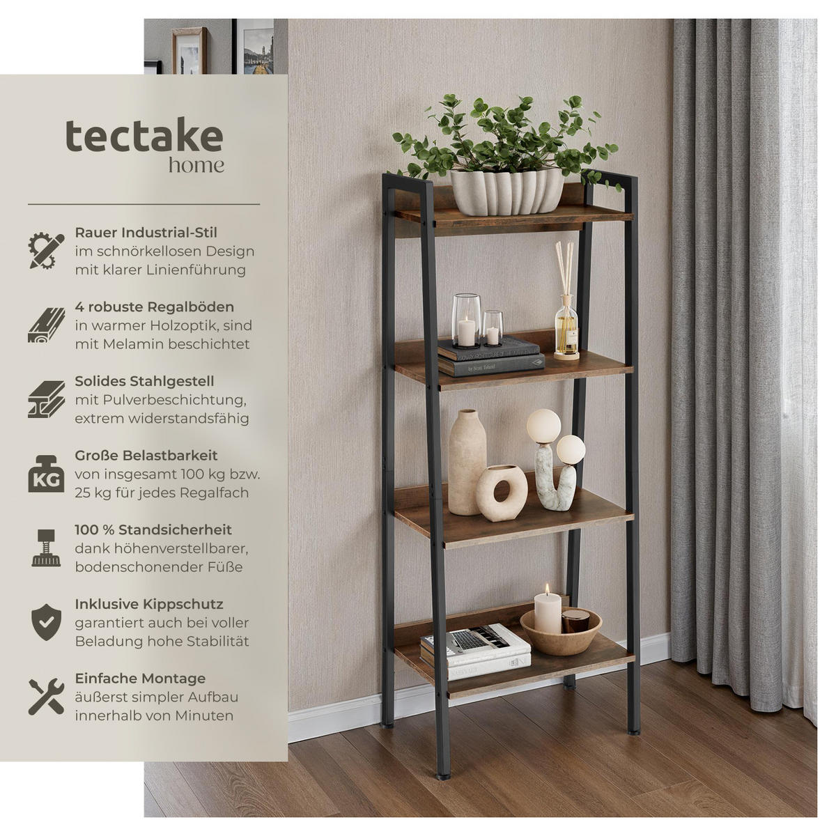 LEITERREGAL Chatham,inklusive Kippschutz, 57,5 x 34 x 138 cm,Industrial Holz dunkel, rustikal - Rostfarben, Holzwerkstoff (34/138/57.5cm) - tectake