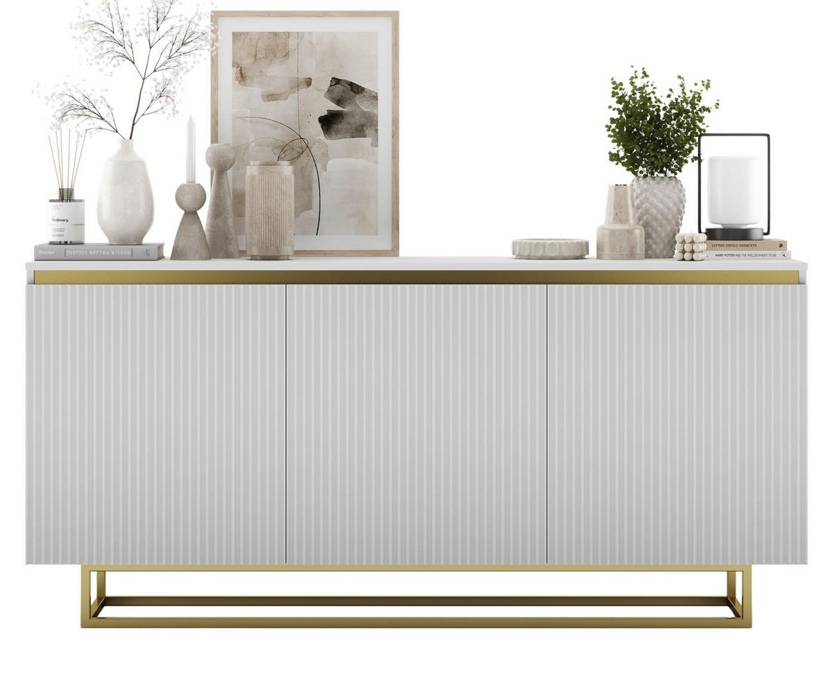 SIDEBOARD Selene 3D Weiß Matt mit geriffelten Fronten Glamour 167 cm - Goldfarben/Weiß, Holzwerkstoff/Metall (167/79/35cm) - Meble Lindner