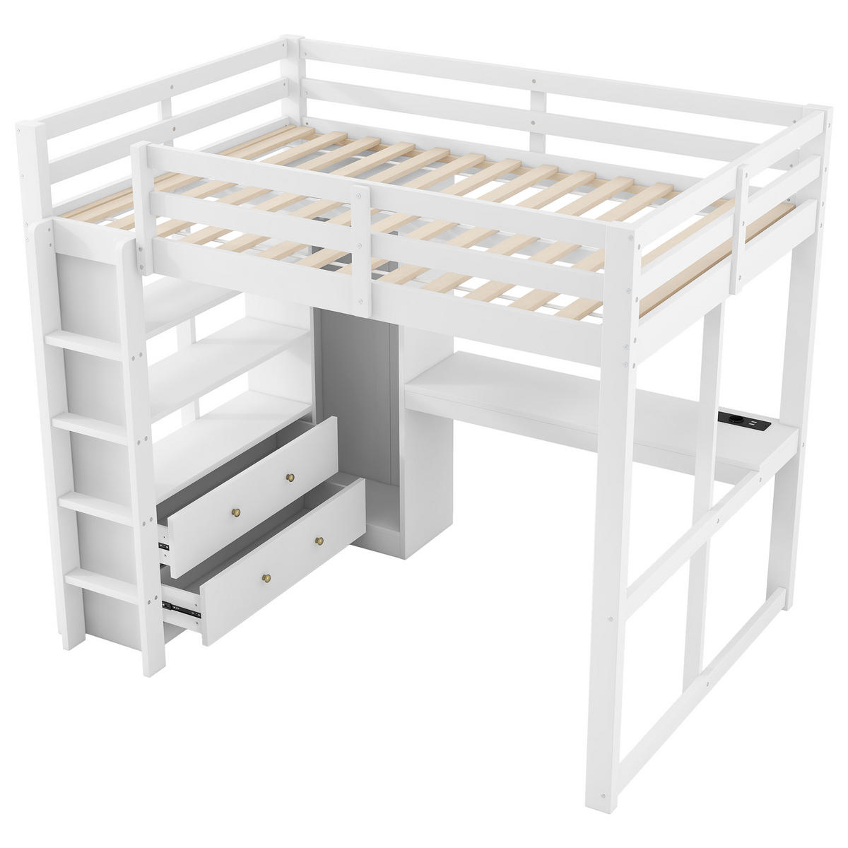 HOCHBETT 140/200 cm in Weiß mit 2 Schubladen, Regal, LED und USB - Weiß, Holz/Holzwerkstoff (140/200cm) - WISHDOR