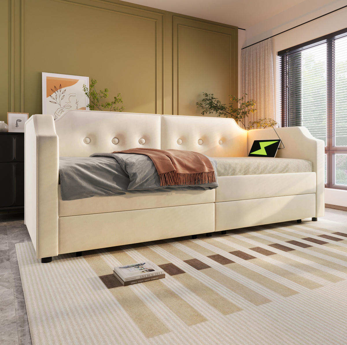 POLSTERBETT 90/200 cm mit USB/Type-C, Leselicht & 2 Schubladen, Samt Beige - Beige, Textil (90/200cm) - Redom