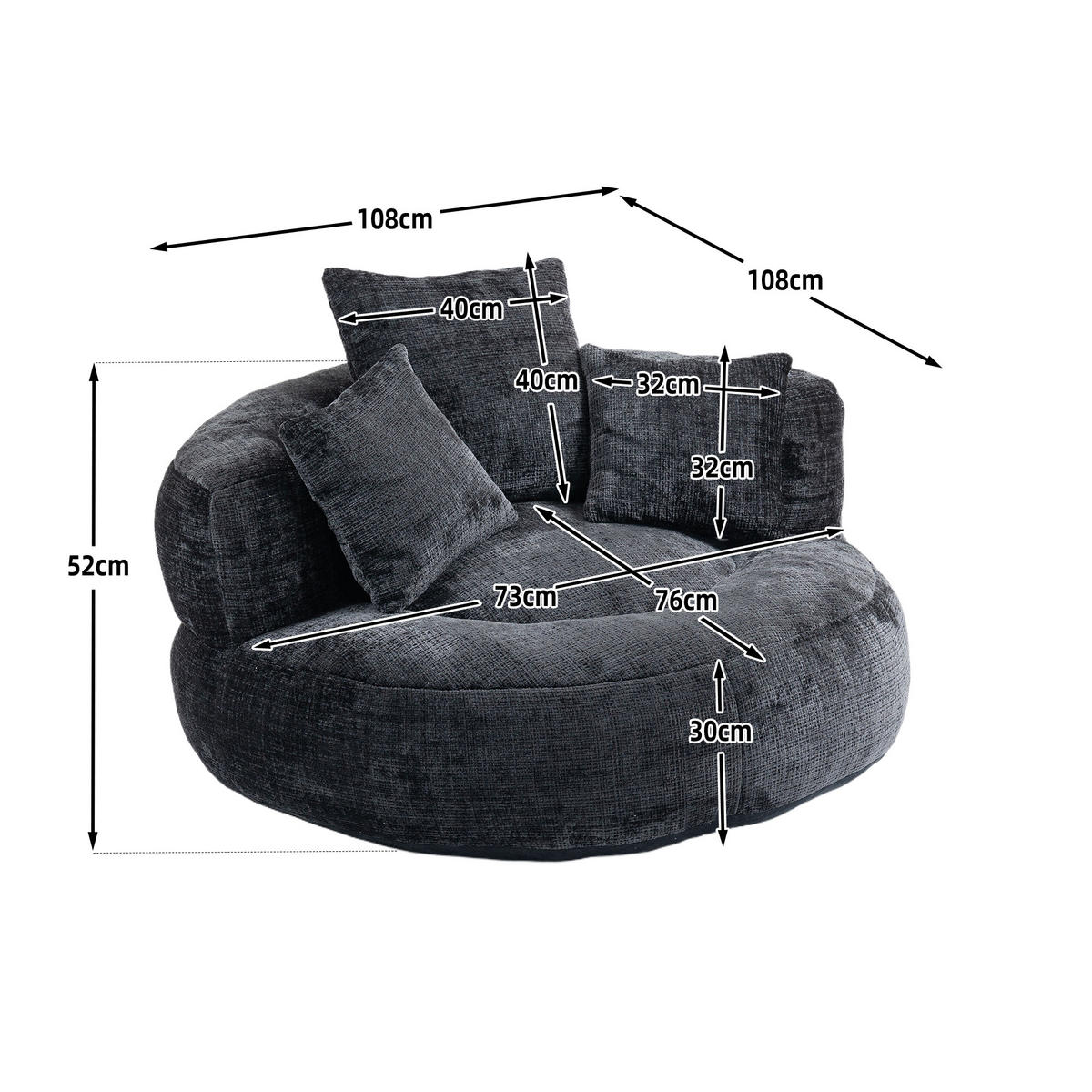 SITZSACK Chenille, Sofa mit 3 extra Kopfkissen,Chenille,Schwarz - Schwarz, Textil (108/52/108cm) - LVHOM