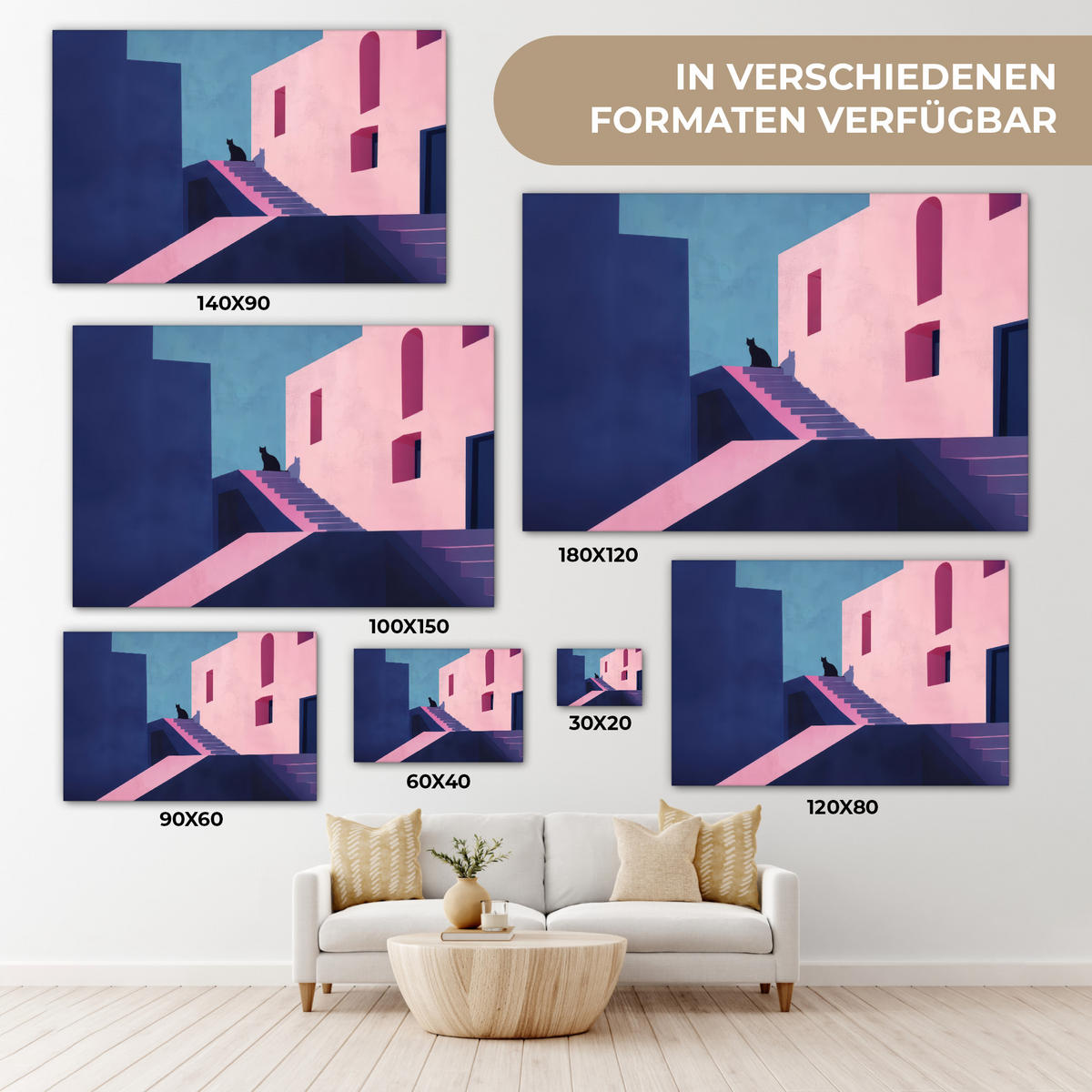 LEINWANDBILD Katze - Treppe - Gebäude - Schattenkontraste Wohnzimmer Groß 120x80 cm - Dunkelblau, Textil (120/80cm) - MuchoWow