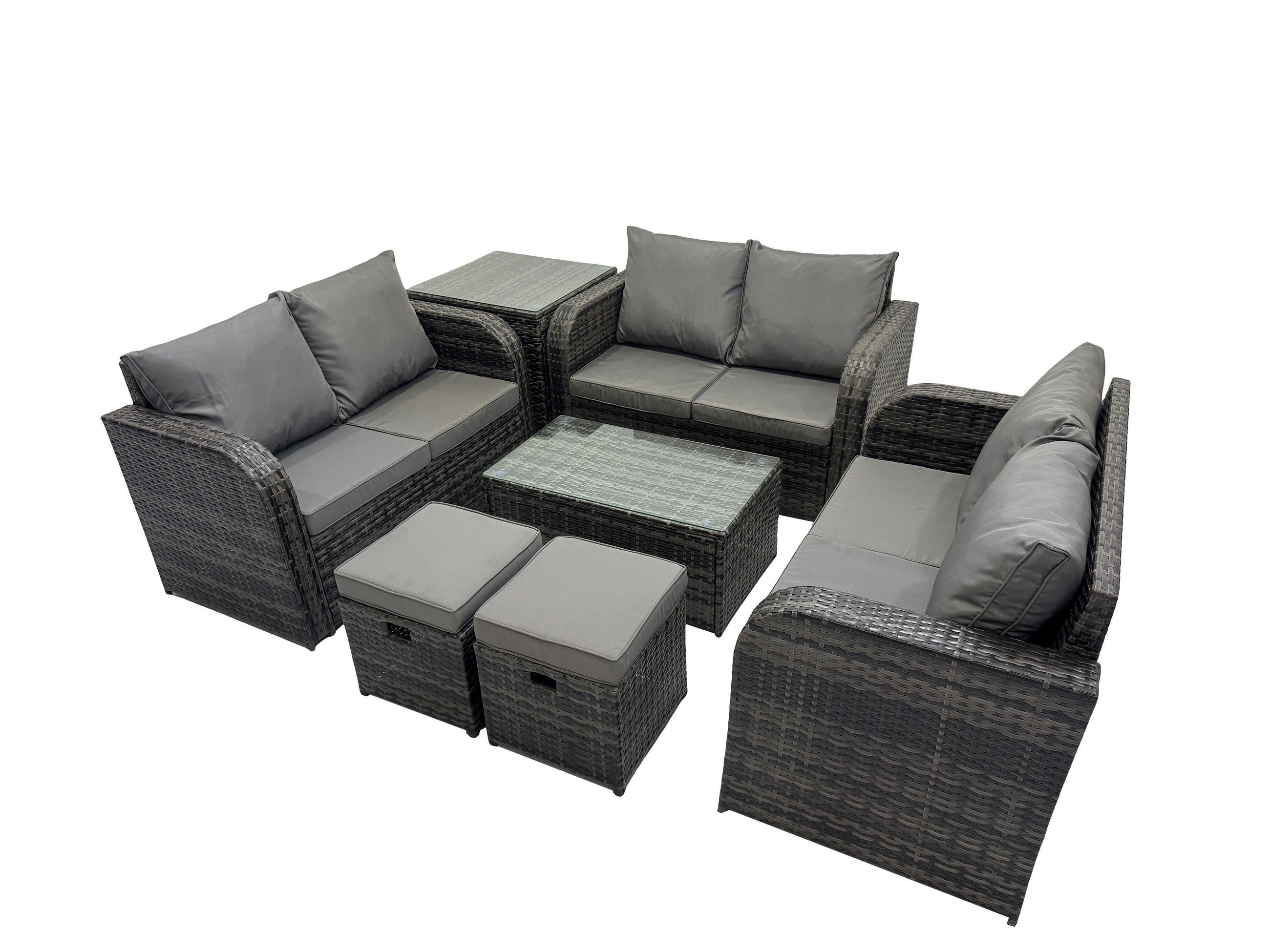 GARTENMÖBELGARNITUR mit KISSEN Polyrattan Dunkelgrau 8-Sitzer - Dunkelgrau/Grau, Glas/Kunststoff - Fimous