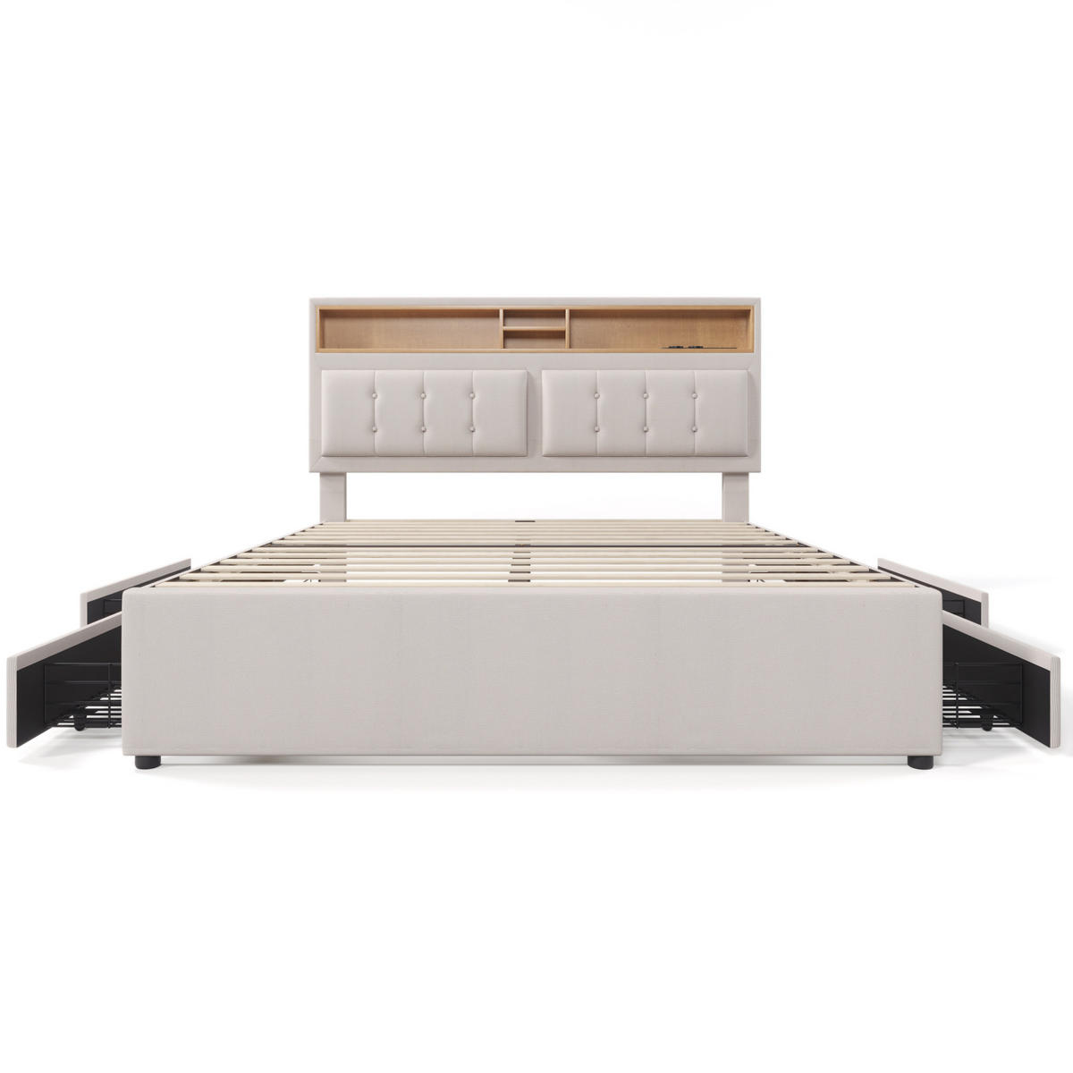 POLSTERBETT 140/200 cm Beige mit 4 Schubladen und USB-C Anschluss - Beige, Textil (140/200cm) - OKWISH