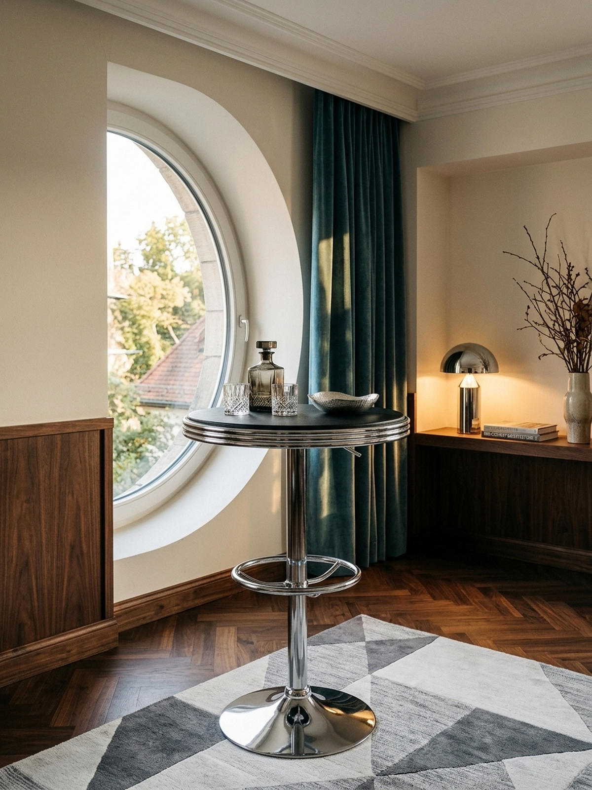 BARTISCH – Retro-Stil, höhenverstellbar, Aluminiumoptik, Kunstleder - Silberfarben/Schwarz, Textil/Metall (60/60/68cm) - KADIMA DESIGN