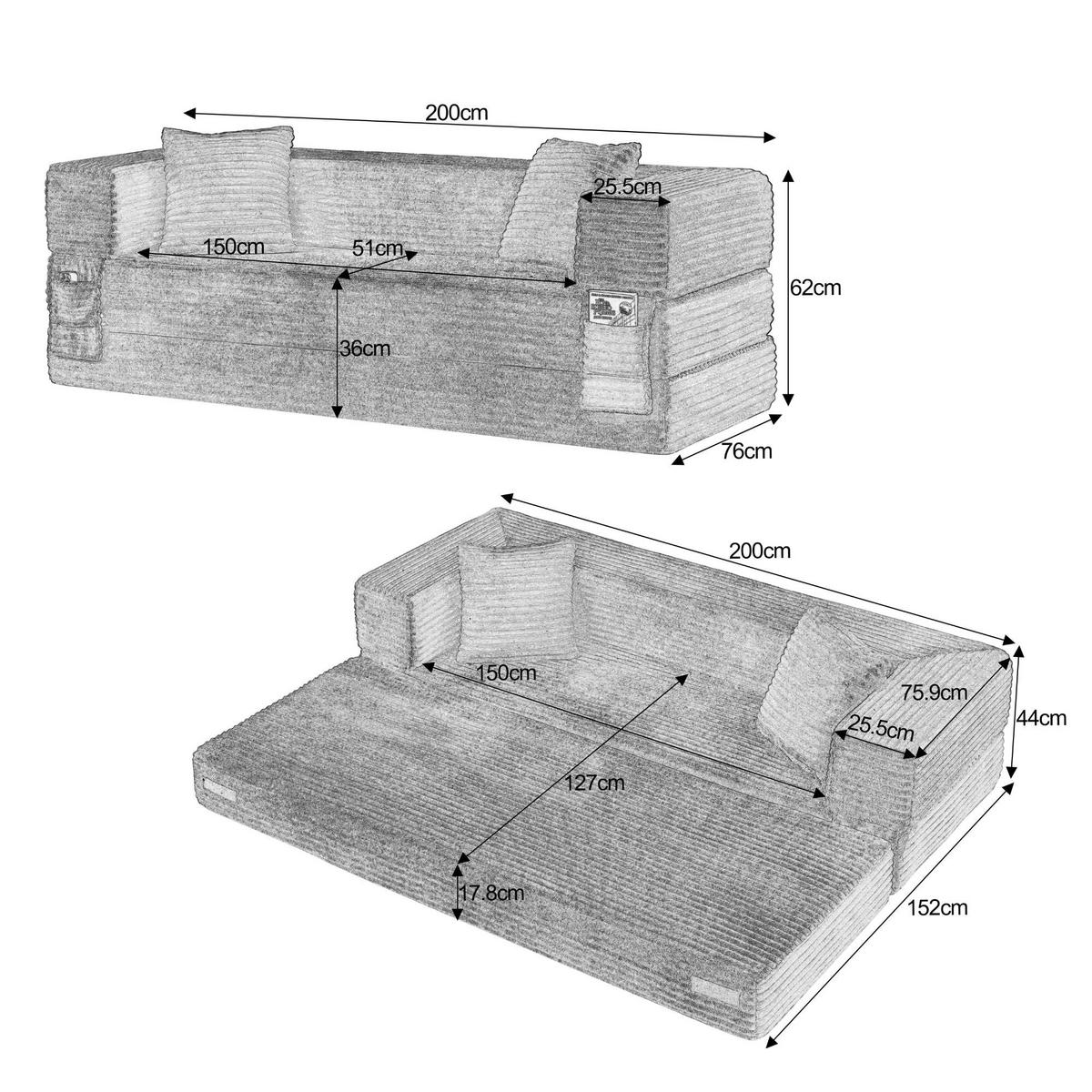 SCHLAFSOFA aus Cord in Dunkelgrau 2-lagiges Design & zum Doppelbett ausklappbar - Dunkelgrau, Textil (89/59/195cm) - Urban Meuble