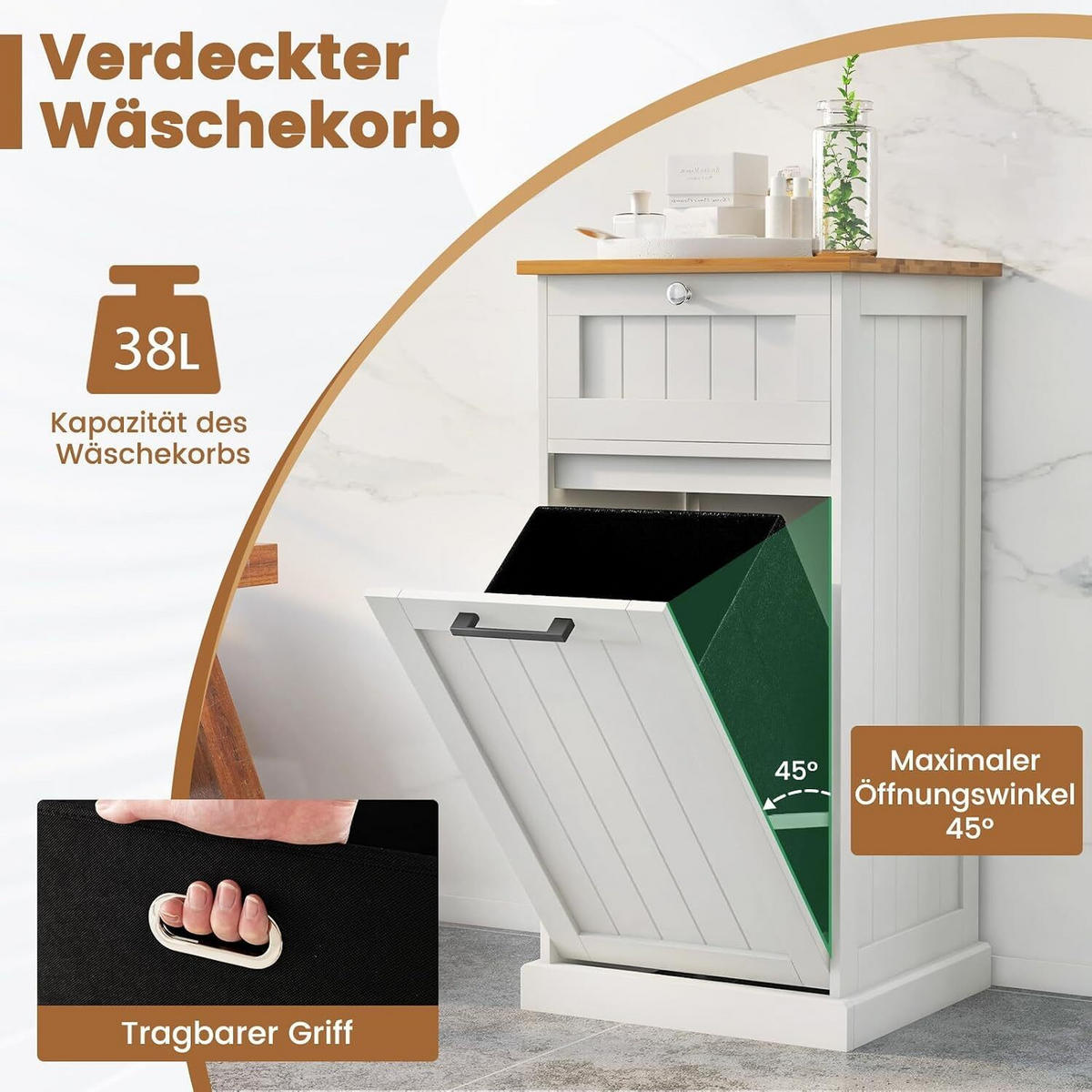 WÄSCHESCHRANK mit Wäschekorb Weiß - Weiß, Holzwerkstoff (40/82/37cm) - COSTWAY