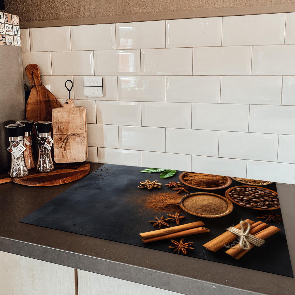 HERDABDECKPLATTE Zimt - Beton - Kaffee - Zimtstangen - Gewürze Herdabdeckung Induktionsfeld 75x52 cm - Mokka, Kunststoff (75/52/0.2cm) - MuchoWow