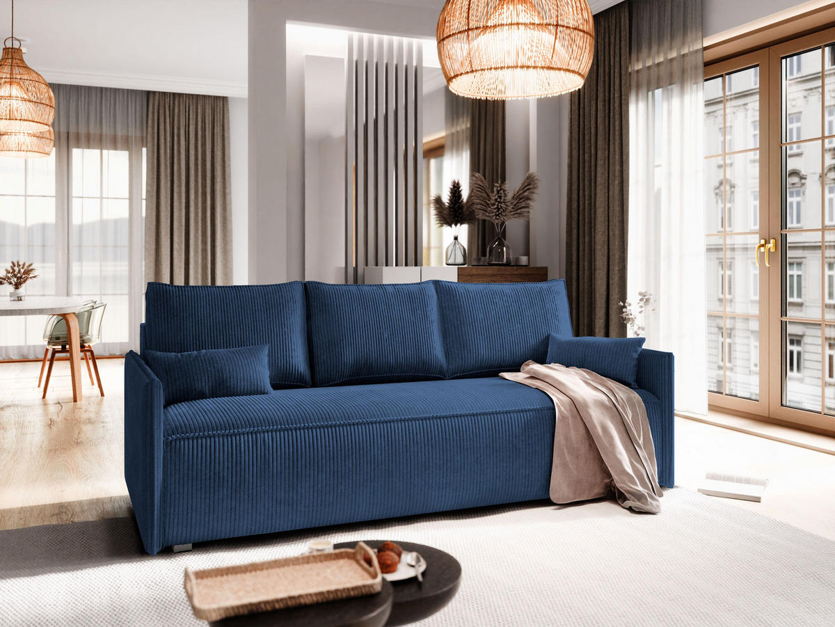 BETTSOFA MESTOR Blau Kordstoff mit Schlaffunktion - Blau, Textil (206/83/87cm) - MASSENO