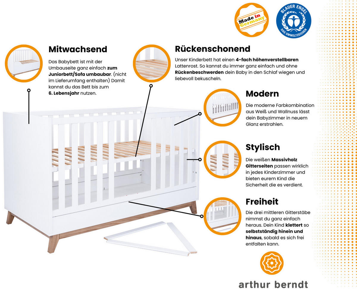 BABYBETT Lina 4x höhenverstellbar Weiß/Waluss - Walnussfarben/Weiß, Holz/Holzwerkstoff (70/140cm) - arthur berndt