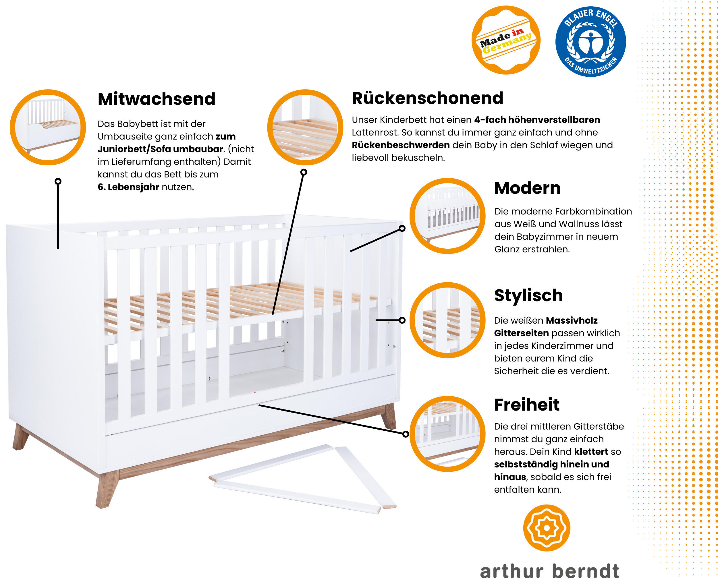 Thumbnail - arthur berndt Babybett, Weiß, Walnuss, Holzwerkstoff, Holz, Teilmassiv, Rechteckig, 70x140 cm, Blauer Engel, Hergestellt...