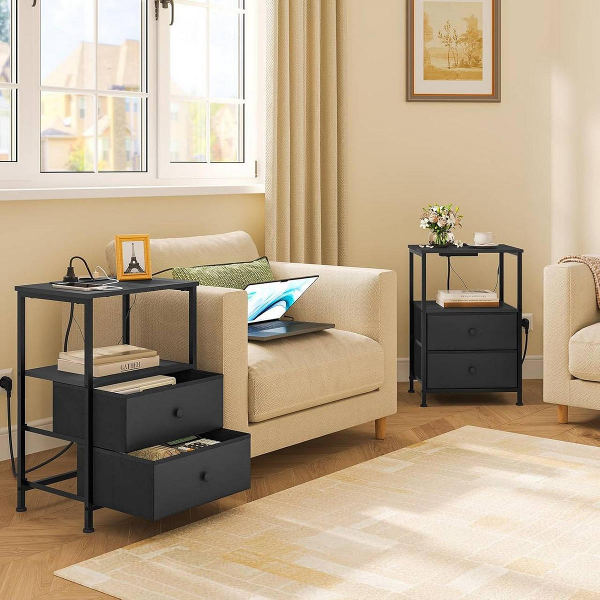 NACHTTISCH 2er Set, mit Ladefunktion, 2 Schubladen, Schwarz - Schwarz, Holzwerkstoff/Textil (40/60/30cm) - Woltu