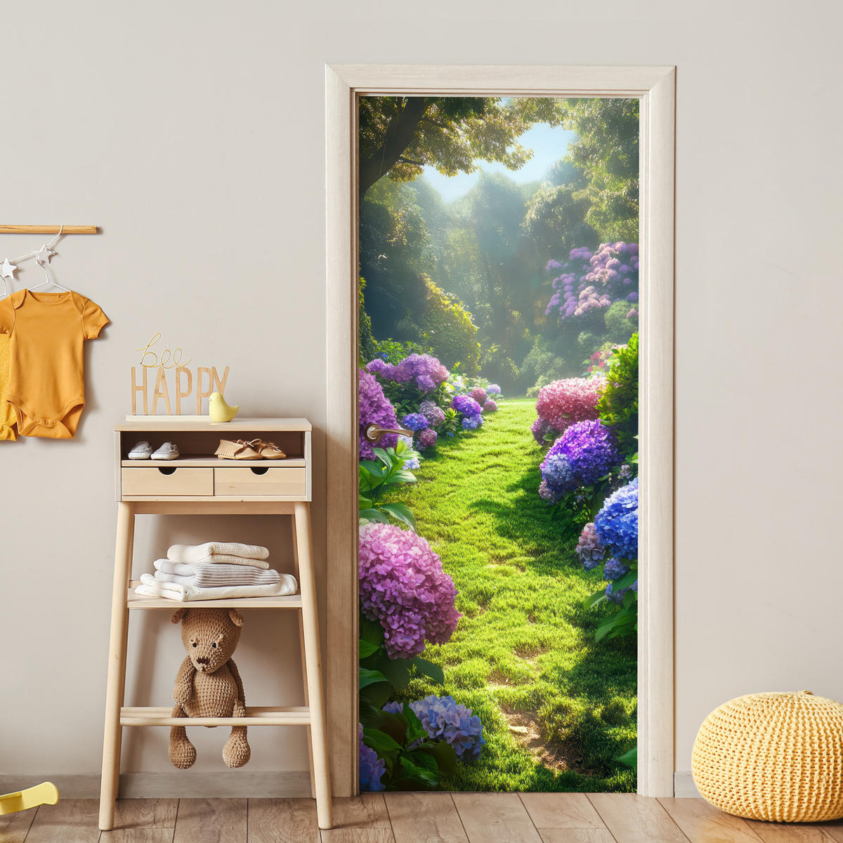 FOTOTAPETE Tür - Natur - Hortensie - Blumen - Grün 80x205 cm - Hellgrün, Kunststoff (80/0.1cm) - MuchoWow