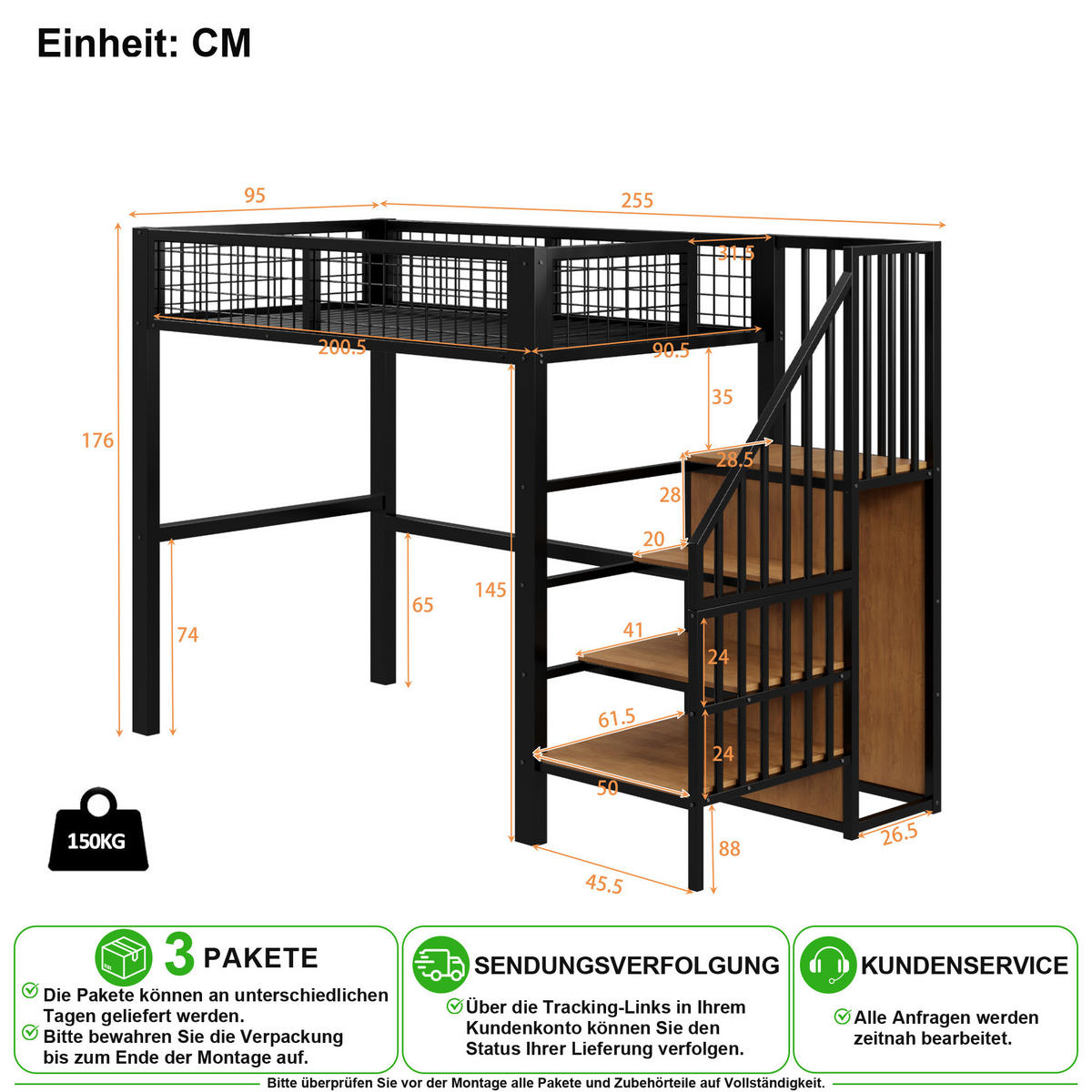VYSOKÁ POSTEL 90/200 cm v černé barvě se žebříkem, policí a skříní - černá, kov/dřevo (90/200cm) - CHICFURN