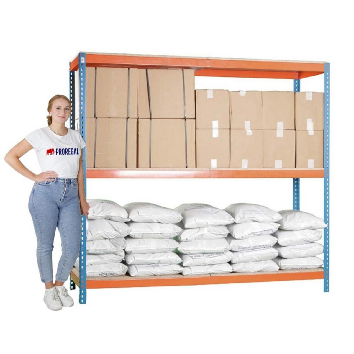 SCHWERLASTREGAL Wood Beast Three HxBxT 200 x 240 x 90 cm 3 Ebenen Fachlast 400 kg Blau-Orange - Gelb, Metall (240/200/90cm) - PROREGAL