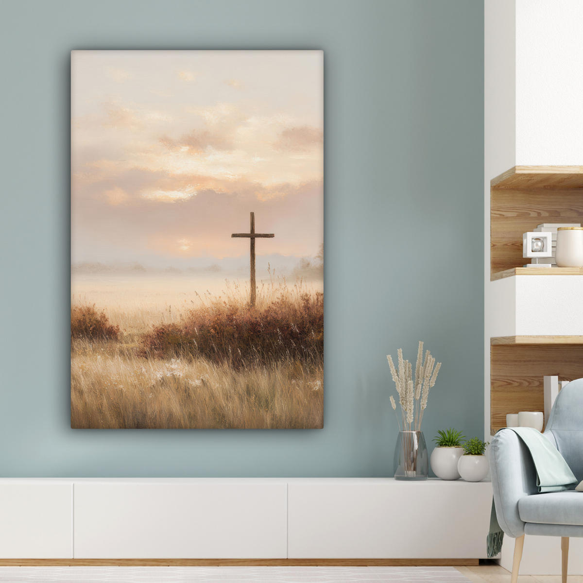 LEINWANDBILD Gras - Morgennebel - Kreuz - Christentum Deko Groß 90x140 cm - Beige, Textil (90/140cm) - MuchoWow