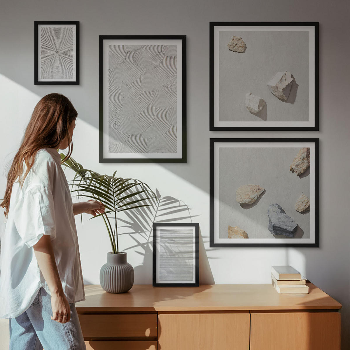 WANDBILDER 5er-Set - 50x50 cm & 20x30 cm & 40x60 cm Schwarzer Rahmen - Geometrische Pappsteine - Schwarz, Kunststoff (40/60cm) - ArtPrintCave