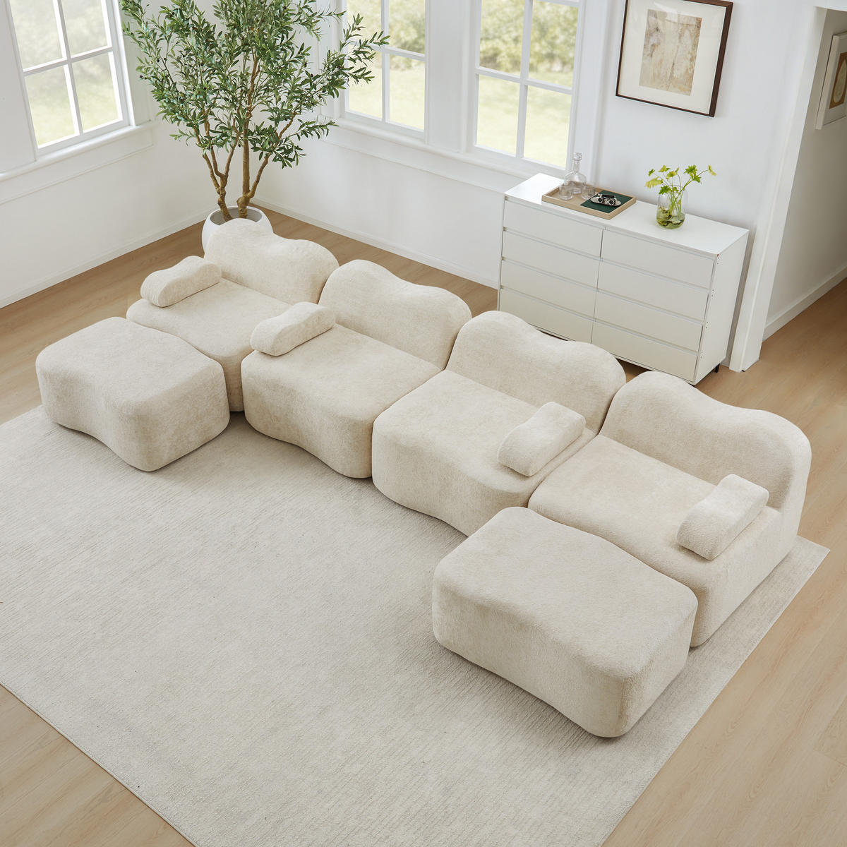 WOHNLANDSCHAFT Samt Beige mit Hocker - Beige, Textil (384/70/167cm) - WISHDOR