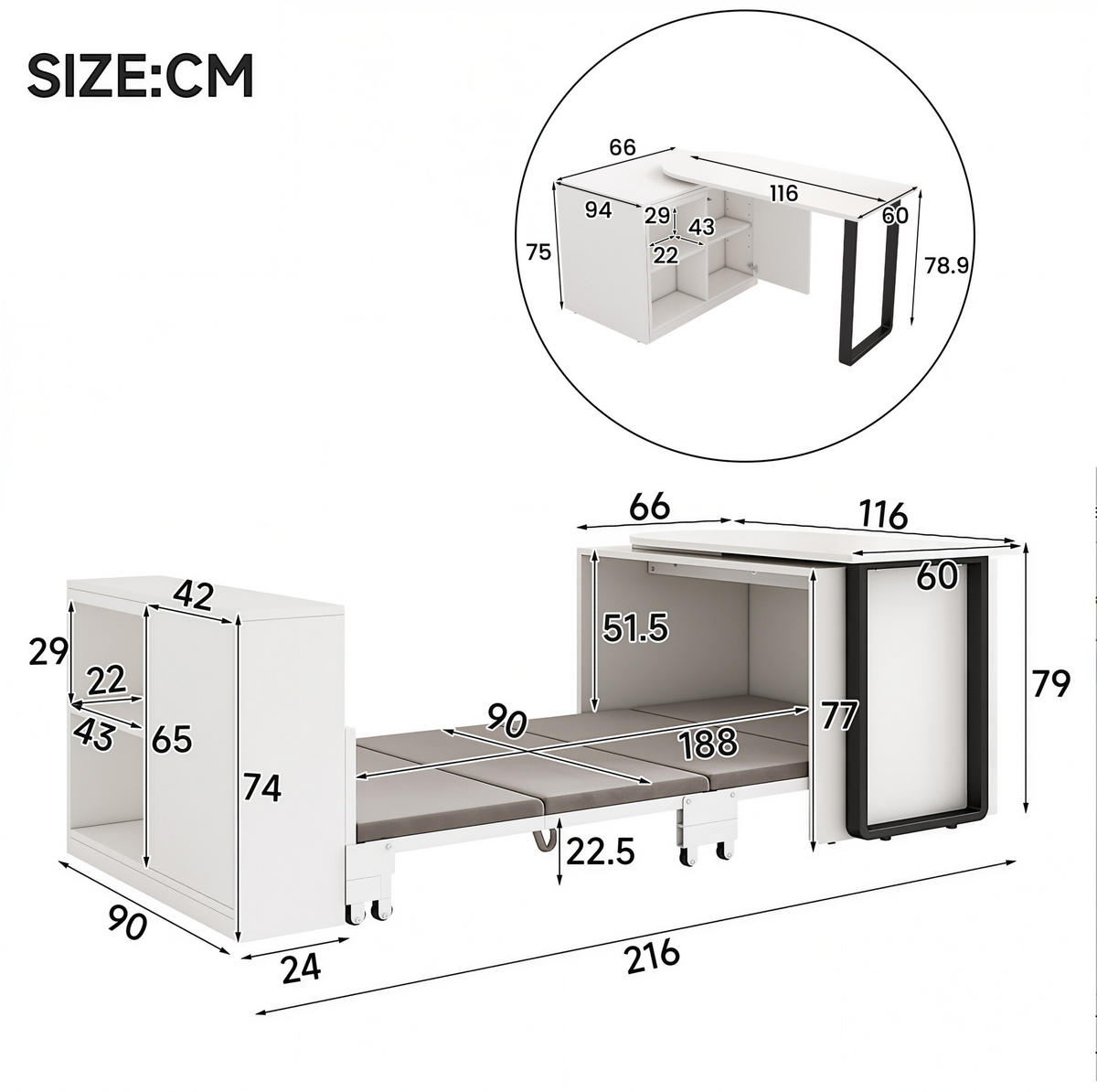 SCHRANKBETT Schreibtisch mit Klappbett 216/116/79 cm aus Metall und Holzwerkstoff mit Stauraum Weiß - Weiß, Metall (90/200cm) - Modenvie