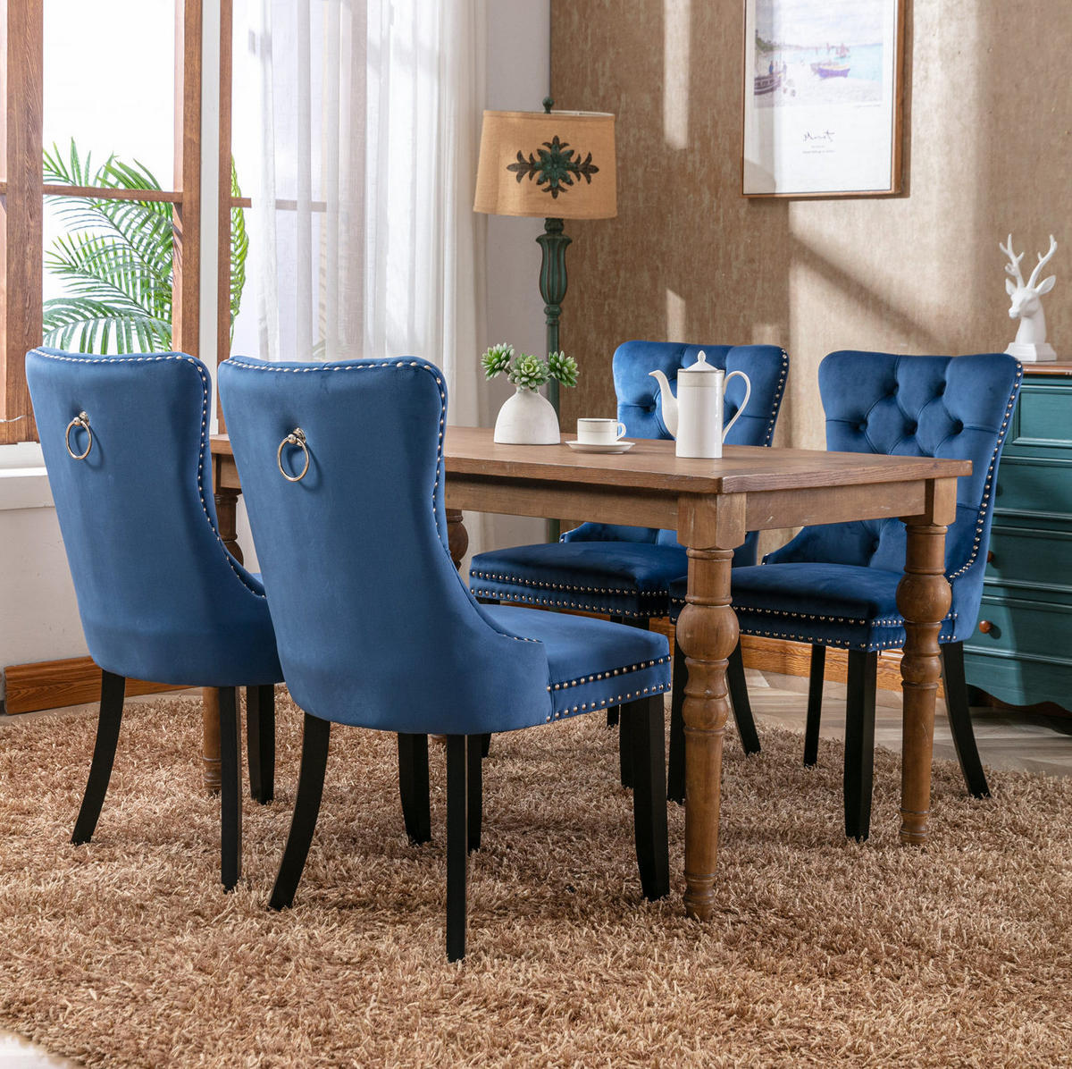 ESSZIMMERSTUHL Samt Blau mit hoher Rückenlehne Massivholz 2er-Set - Blau, Metall (50/95/65cm) - Meubliv