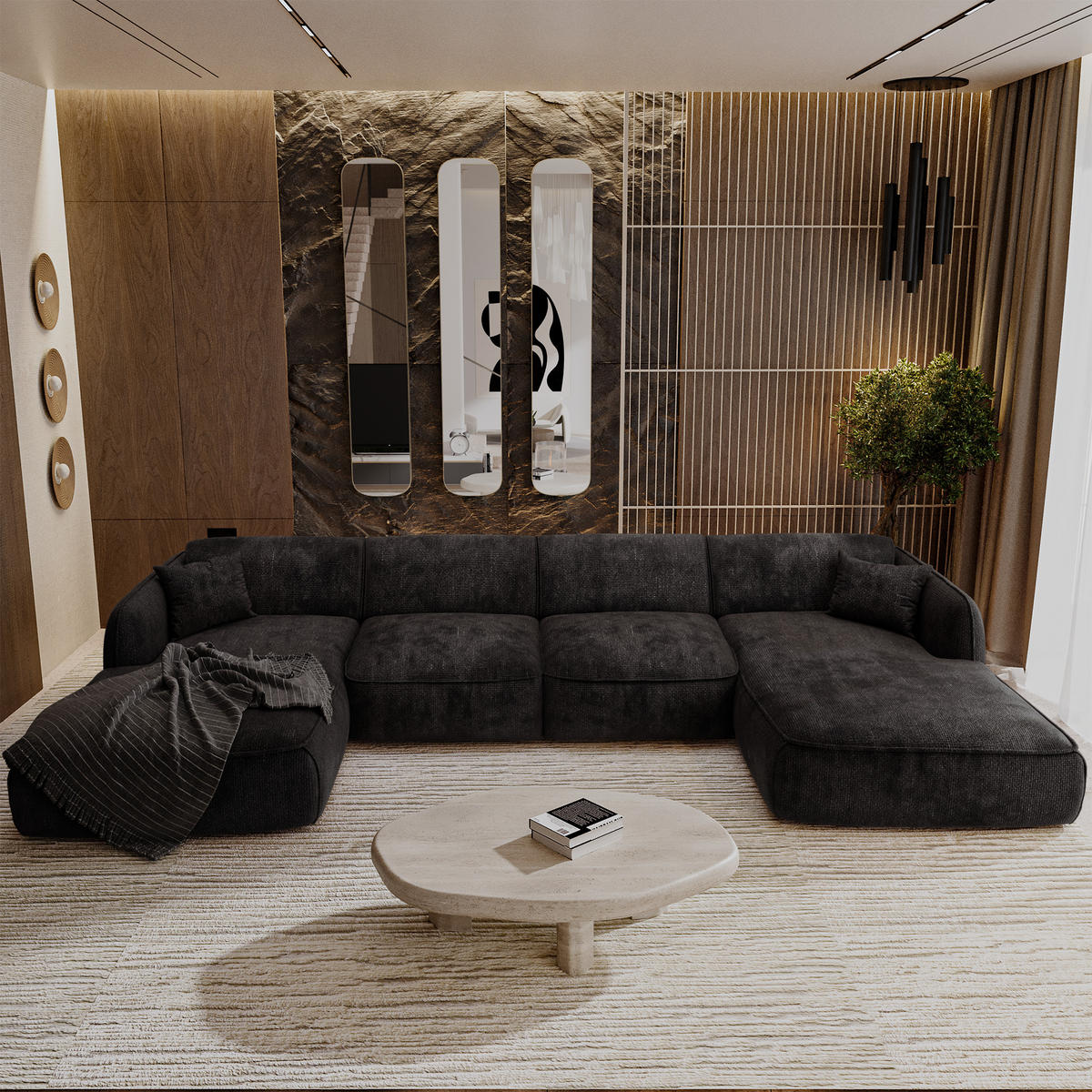 WOHNLANDSCHAFT Rastervelours Schwarz 346cm - Schwarz, Textil (346/76/166cm) - Sia Home