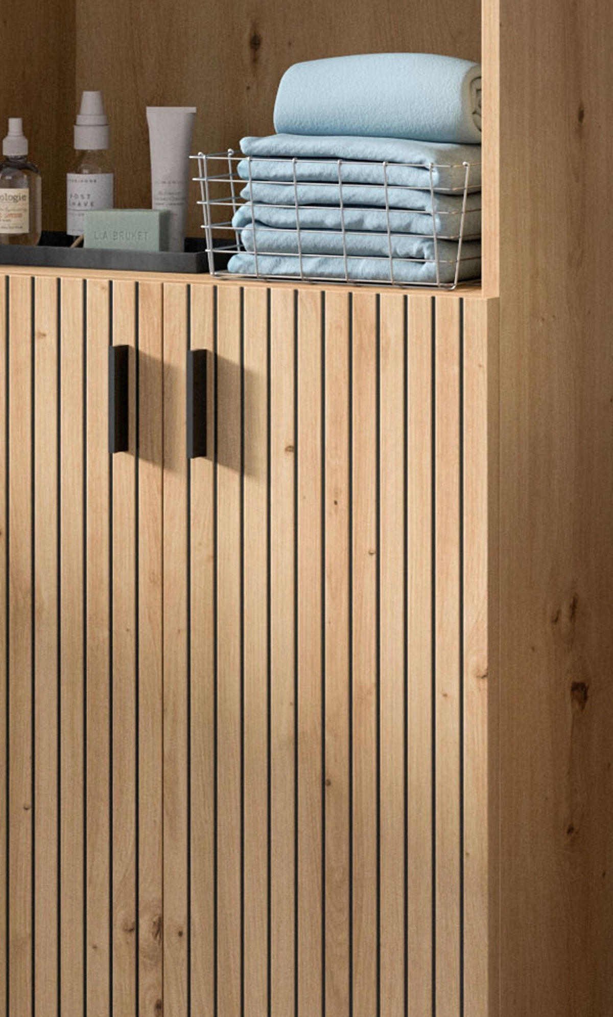 HOCHSCHRANK Eiche Artisan 60 x 192 cm, Badezimmer Schrank mit 8 Fächern - Schwarz/Eiche Artisan, Holzwerkstoff/Kunststoff (60/192/30cm) - Inn.Furn