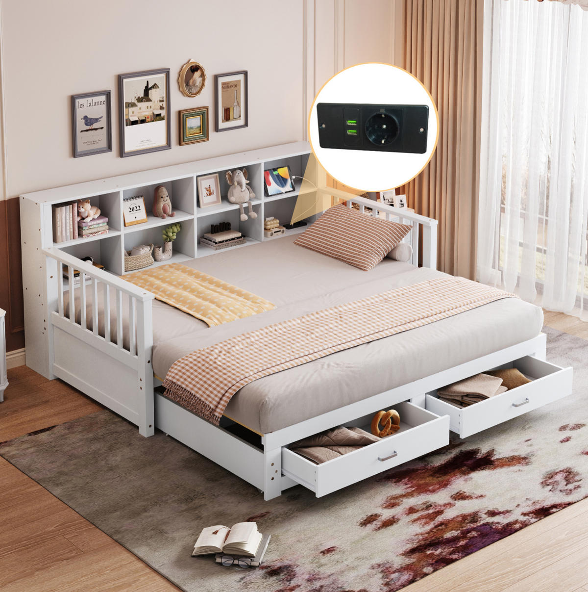 BETT aus Kiefernholz 90x190/180x190 cm Weiß mit Ausziehbett, Steckdose, Stauraumrückenlehne und 2 Schubladen - Weiß, Holzwerkstoff (90/190cm) - Modfu