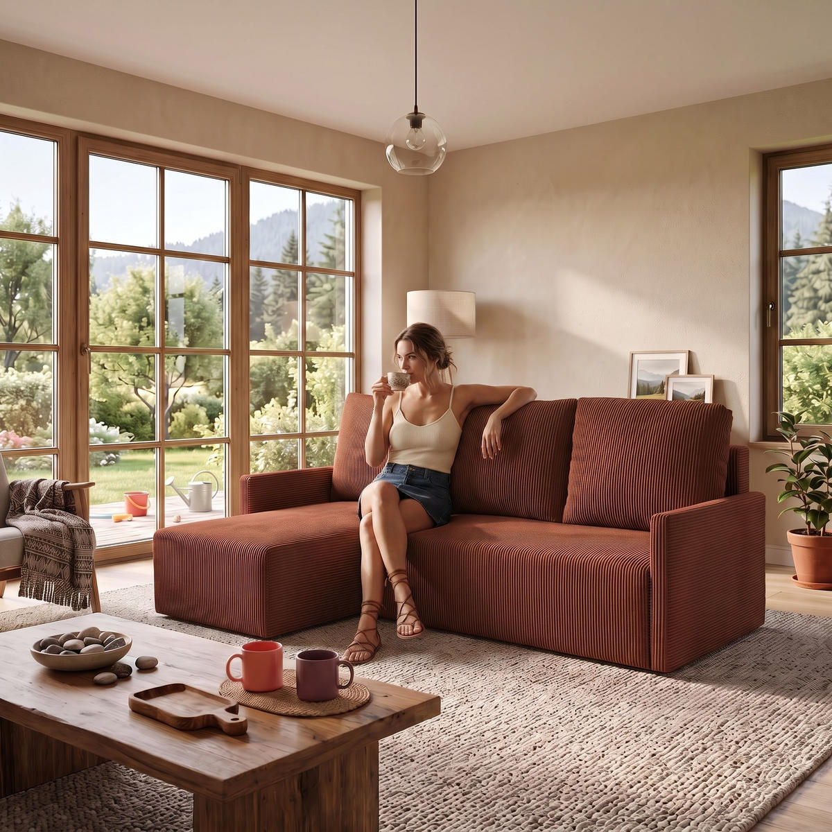 ECKSOFA GARDA L universell links/rechts montierbar mit Schlaffunktion 132x198 cm Cord Braun - Schwarz/Braun, Holz/Kunststoff (209/145cm) - NACANAPA