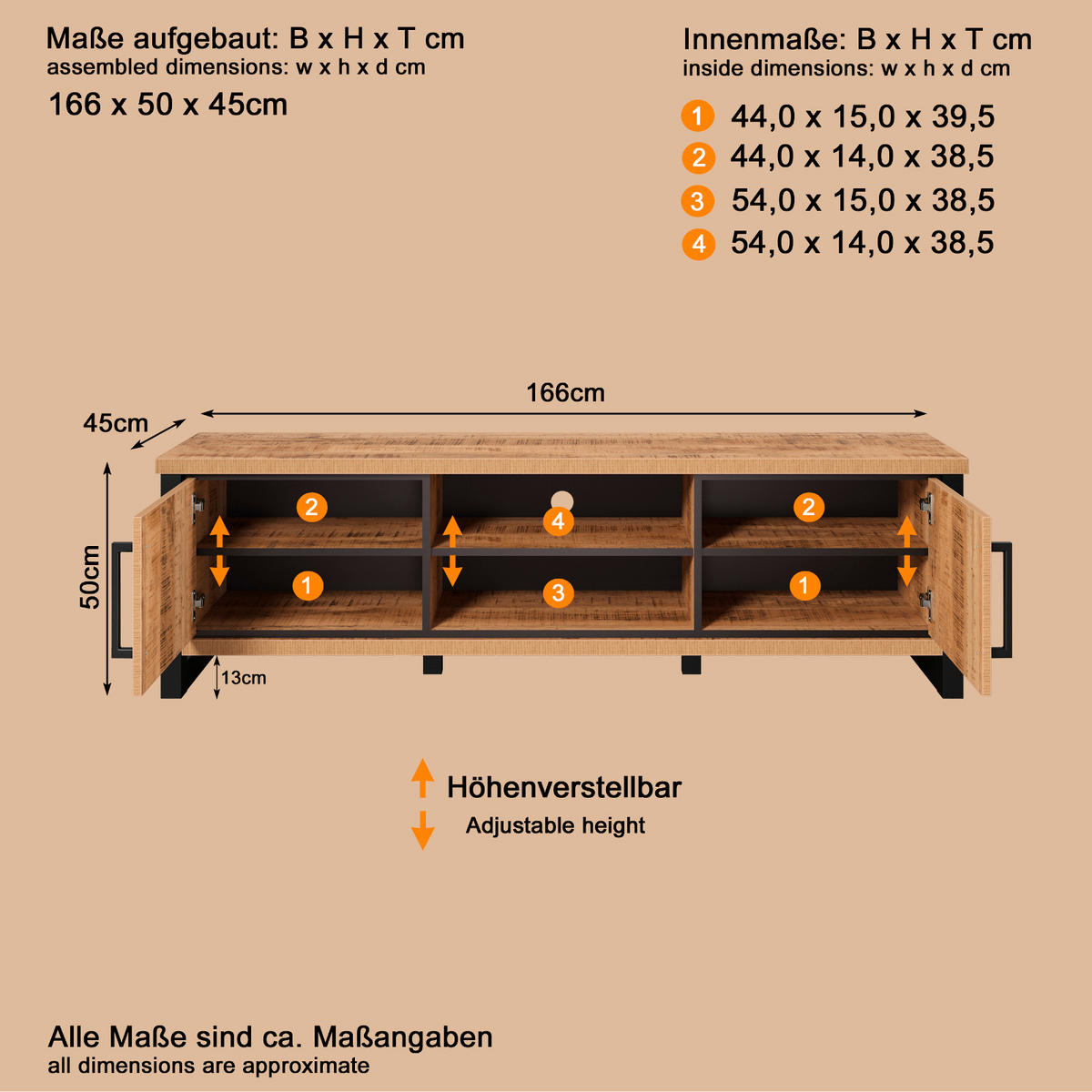 TV-LOWBOARD Mango, schwarz 166 cm, TV Unterteil mit viel Stauraum - Schwarz/Naturfarben, Holzwerkstoff/Kunststoff (166/50/45cm) - Top.Furn