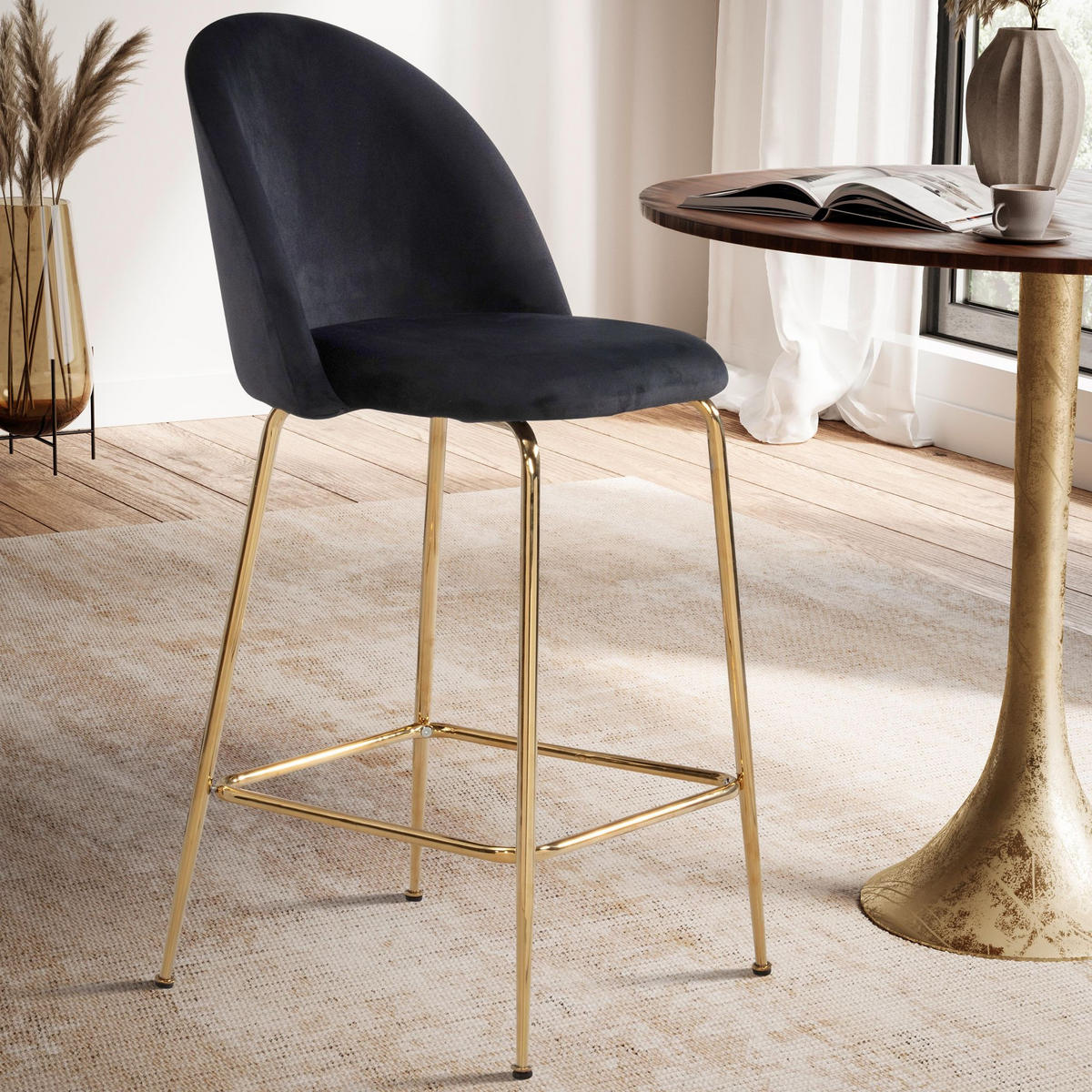 BARHOCKER 2er Set Samt Lehne Goldgestell Skandi-Stil Gepolstert, Schwarz 50x50x102 cm - Goldfarben/Schwarz, Textil/Metall (50/102/50cm) - KADIMA DESIGN