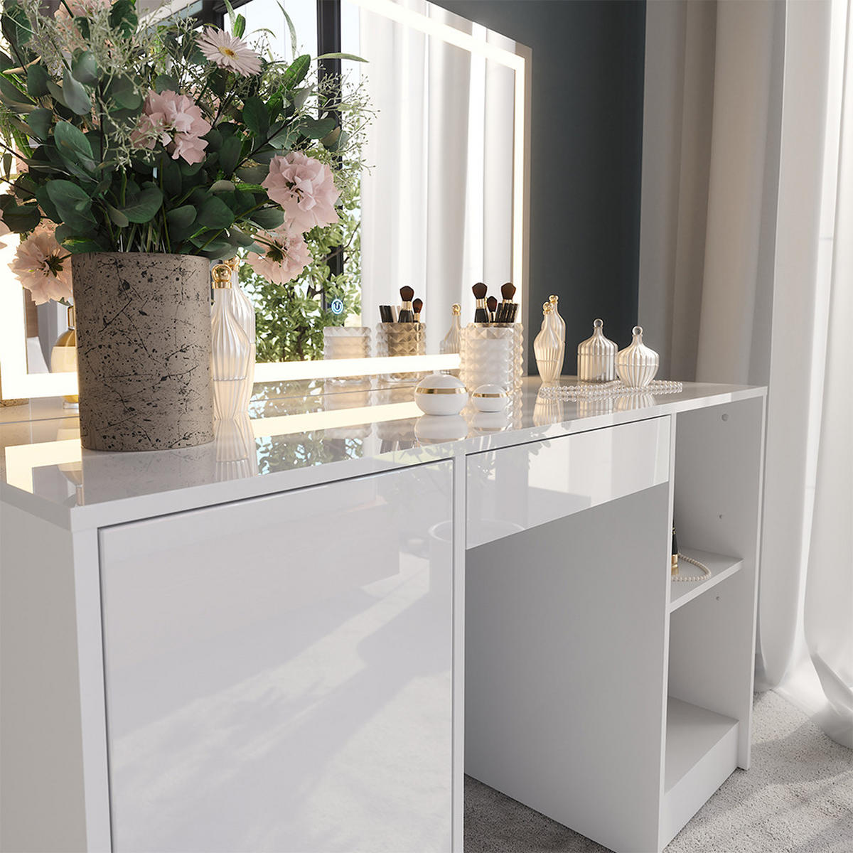 SCHMINKTISCH Sherry Weiß/Weiß Hochglanz 128.2 cm mit LED-Spiegel - Weiß Hochglanz, Holzwerkstoff (128.2/76/50.1cm) - Vicco