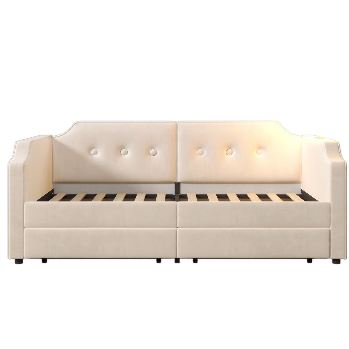SAMT-POLSTERBETT 90/200 cm mit Lattenrost, 2 Schubladen und USB-Type-C - Beige, Textil (90/200cm) - BEAOK