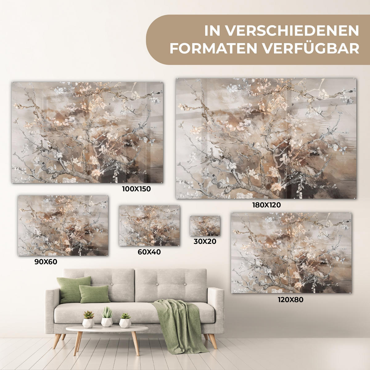 ACRYLGLASBILD Mandelblüte - Kunst - Van Gogh - Beige - Abstrakt 120x80 cm - Braun, Glas (120/80cm) - MuchoWow