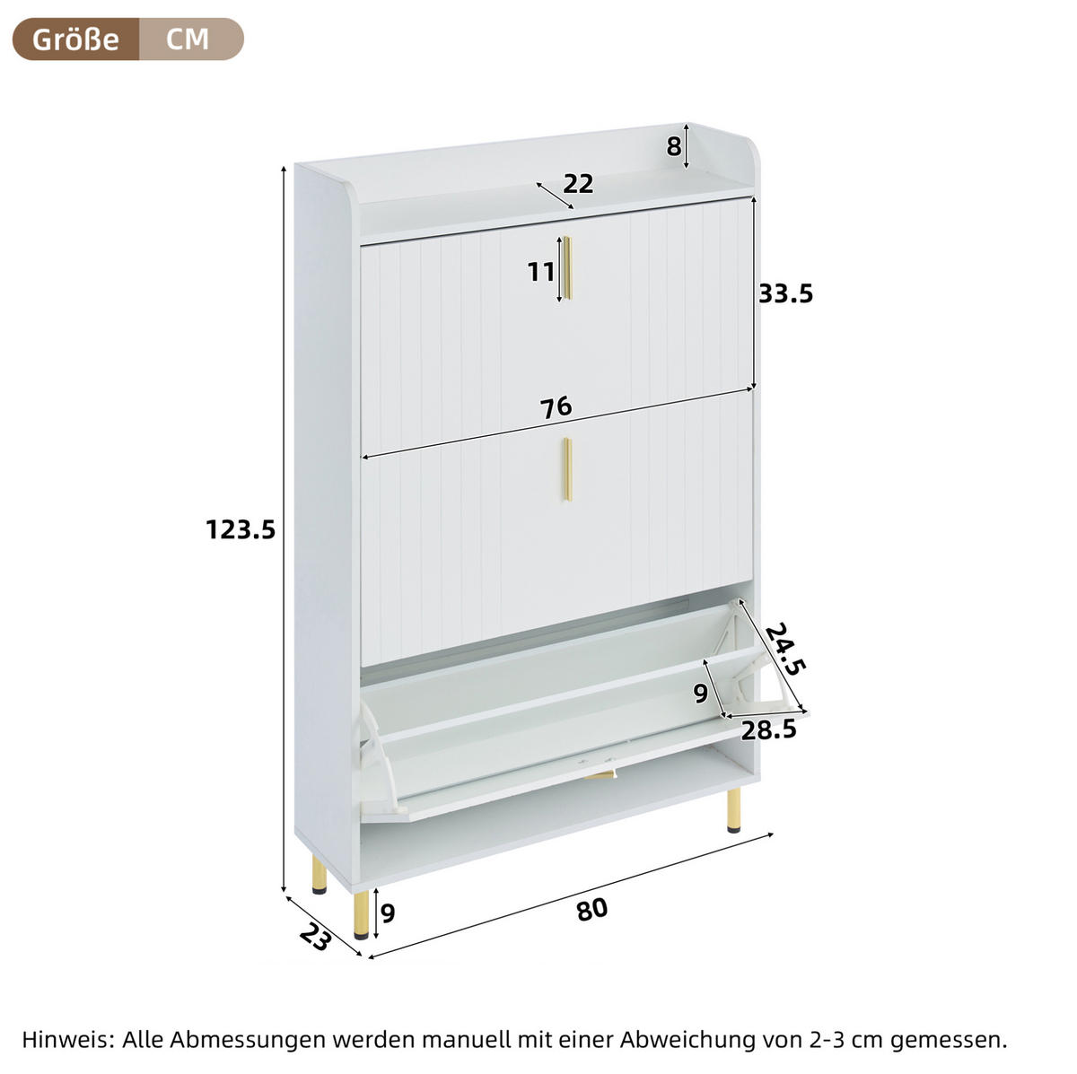 SCHUHSCHRANK aus MDF 80x23x123.5cm in Weiß mit 3 Klappen - Weiß, Holzwerkstoff (80/123.5/23cm) - Modfu