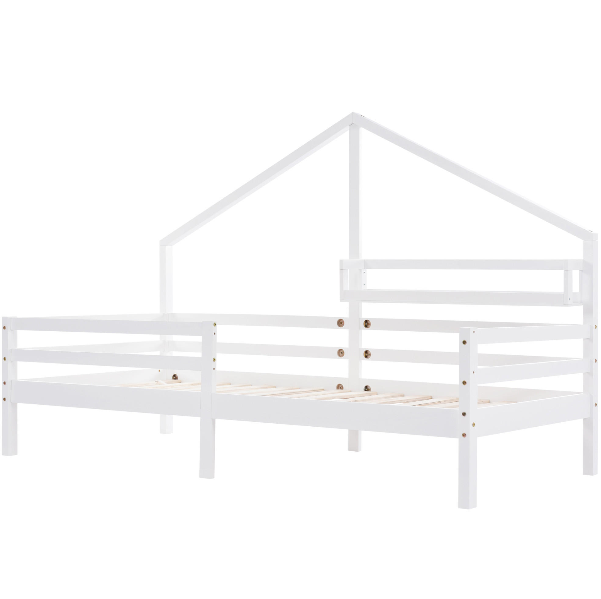 HAUSBETT 90/200 cm Weiß aus Kiefer mit Ablageregal und Sicherheitszaun - Weiß, Holzwerkstoff (90/200cm) - Flora Grace