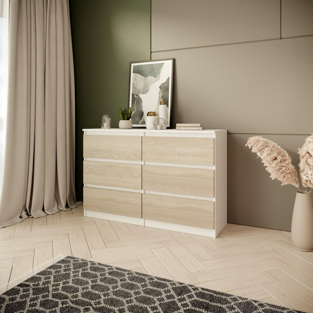 KOMMODE Look 100 cm mit sechs Schubladen, weiß+eiche Sonoma - Weiß/Sonoma Eiche, Holzwerkstoff (100/71/33cm) - Beautysofa
