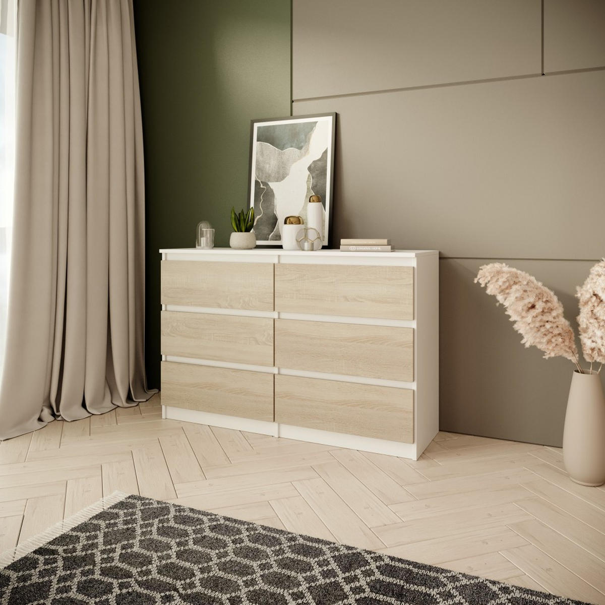 KOMMODE Look 120 cm mit sechs Schubladen, weiß+eiche Sonoma - Weiß/Sonoma Eiche, Holzwerkstoff (120/71/33cm) - Beautysofa