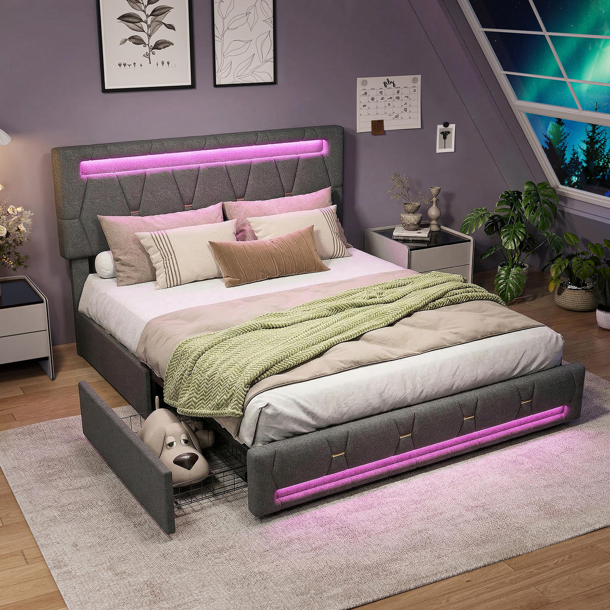 BETT 140 x 200 cm mit 4 Schubladen und LED, mit LED-Kopftei - Grau, Holzwerkstoff/Textil (140/200cm) - WoodenAura