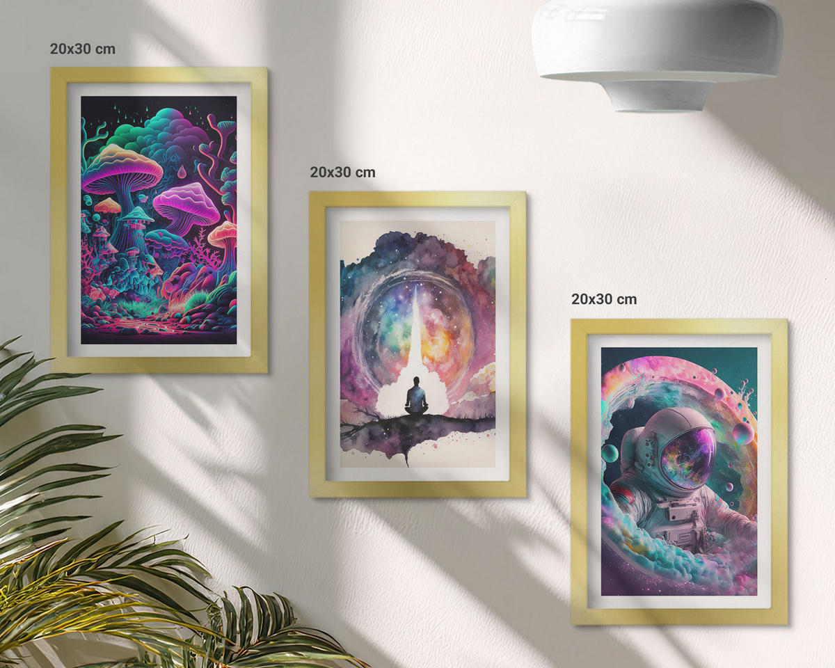 BILDER SET 3er Set - 20x30 cm Goldrahmen - Farbenfrohe Fantasy-Kunstillustrationen - Goldfarben, Kunststoff (20/30cm) - TULUP