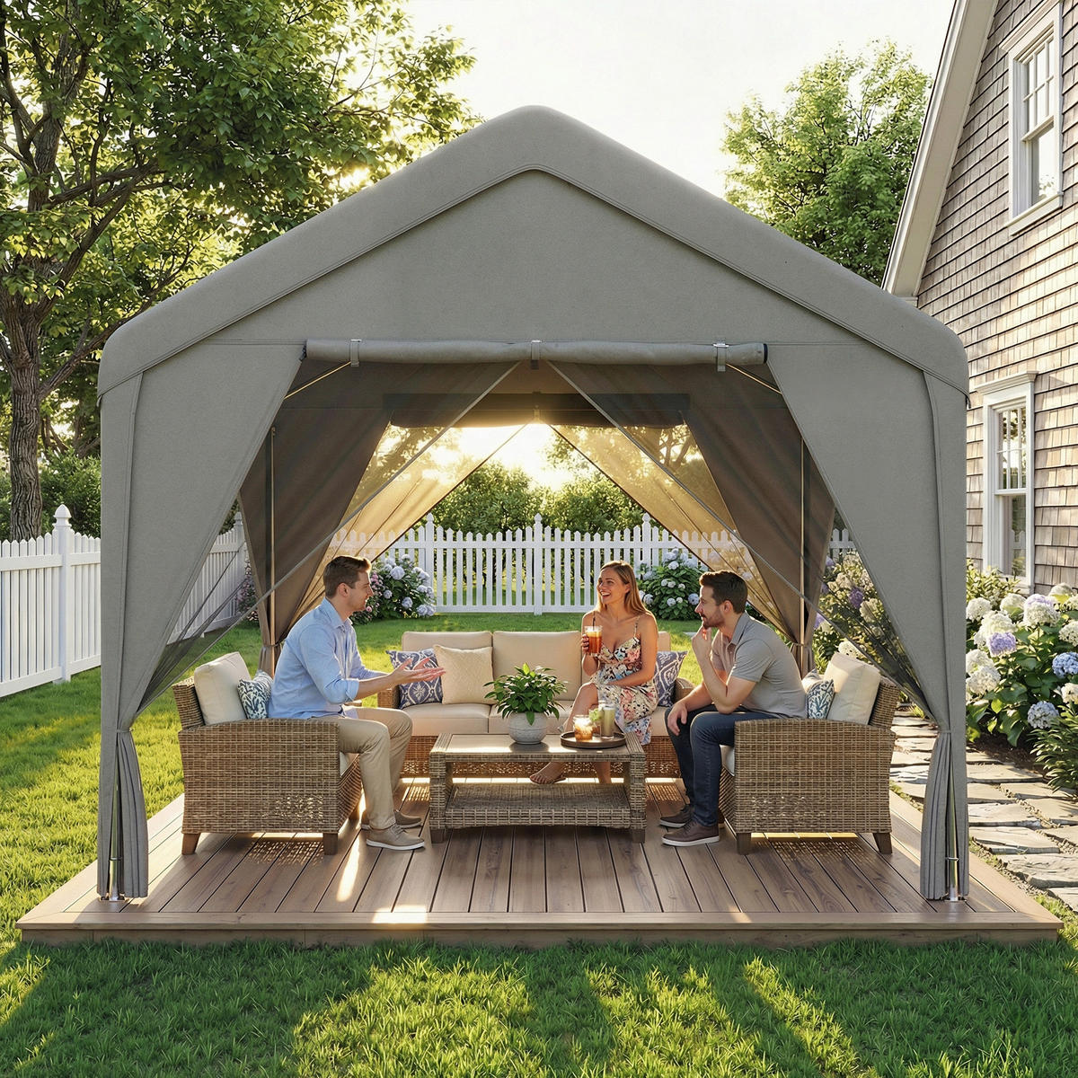 PAVILLON DE-12710 300/300 cm Doppeldach mit Vorhängen und Moskitonetzen Grau - Grau, Metall (295/278/300cm) - ComfortXL
