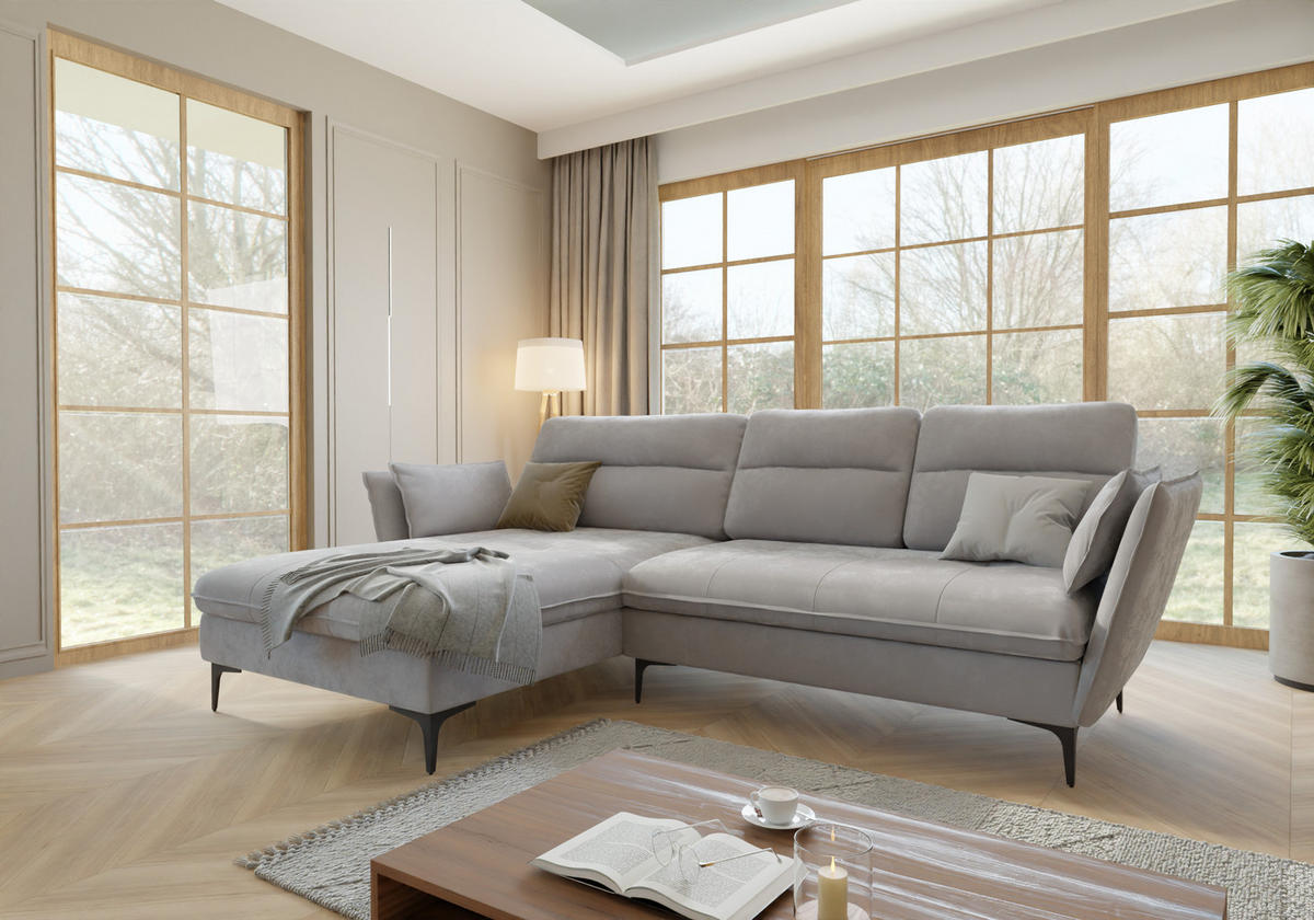 ECKSOFA Mira Hellgrau Samt-Stoff - Hellgrau/Schwarz, Textil/Metall (260/168cm) - S-Style Möbel