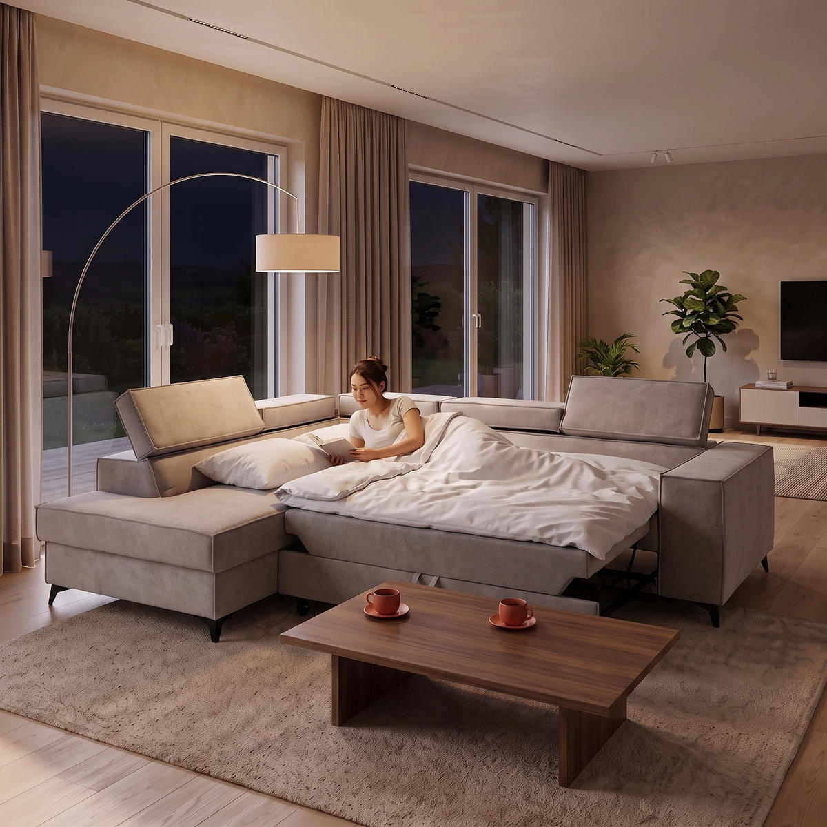 ECKSOFA PURE L Links mit Schlaffunktion 127x199 Velours Creme - Creme/Schwarz, Holz/Textil (281/204cm) - Muffo