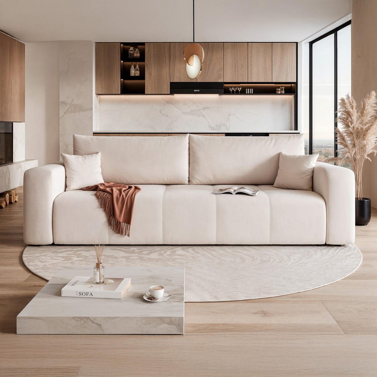 SCHLAFSOFA Velours mit Bettkasten und Schlaffunktion - Creme, Holzwerkstoff/Textil (246/79/93cm) - Idohome