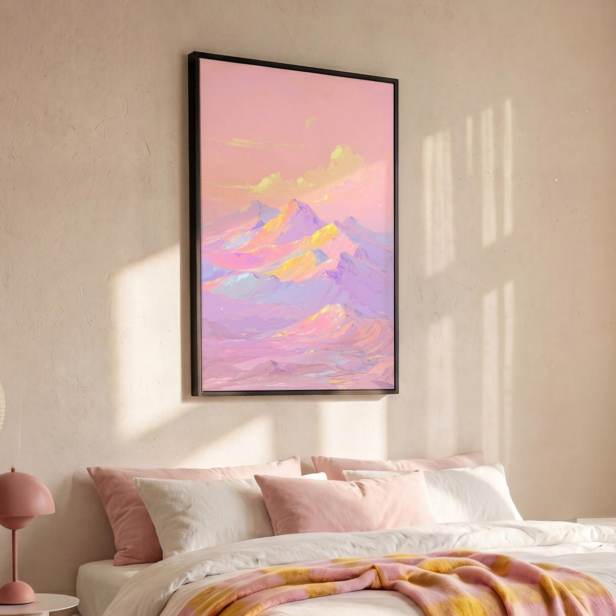 LEINWAND Bilder mit Rahmen - Berggipfel - Wolken - Verträumt - 90x140 - Hellrosa, Textil (90/140cm) - MuchoWow