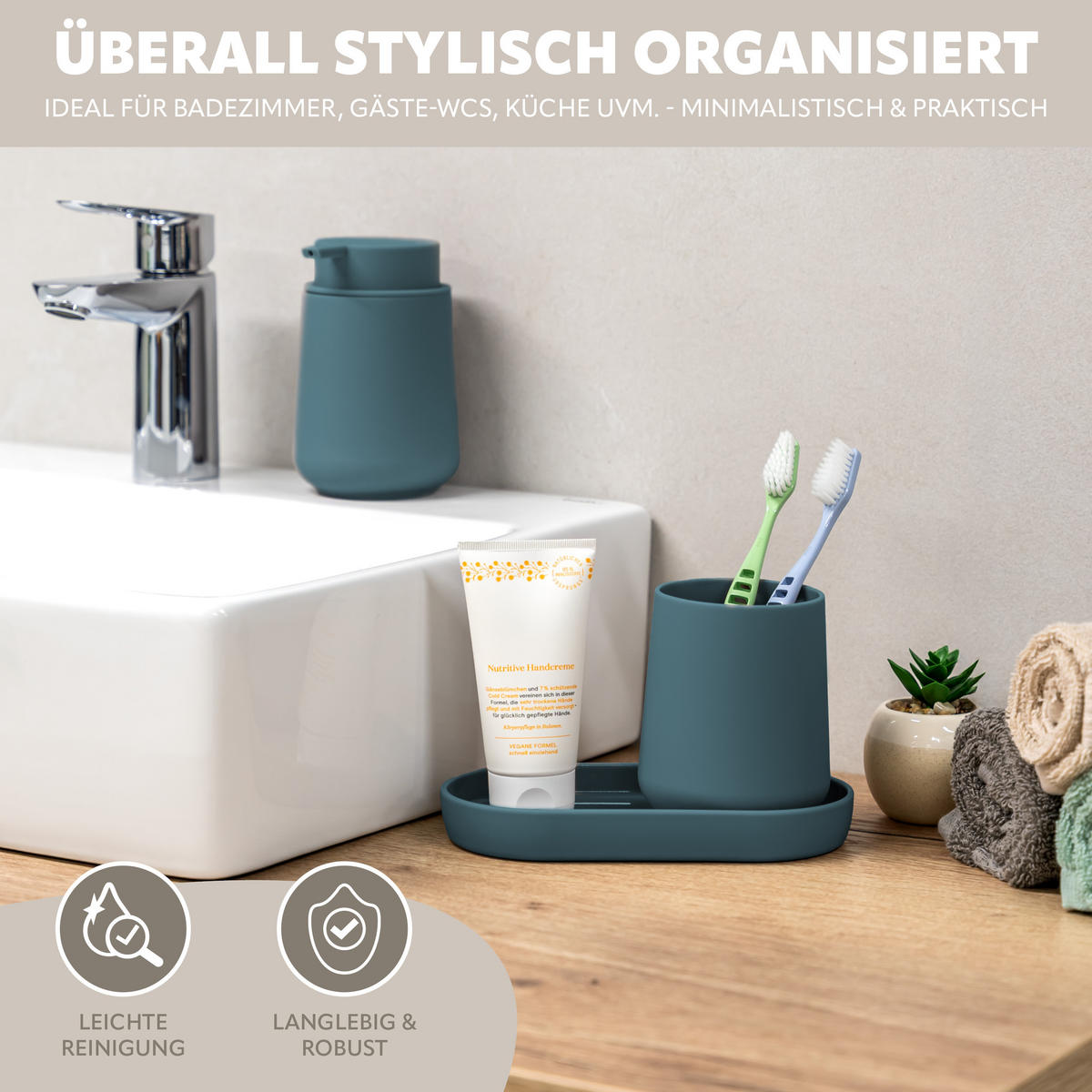 BAD-ACCESSOIRES-SET TESERO 3tlg., Soft-Touch, blau - Blau, Kunststoff (8.5/12/9cm) - eluno