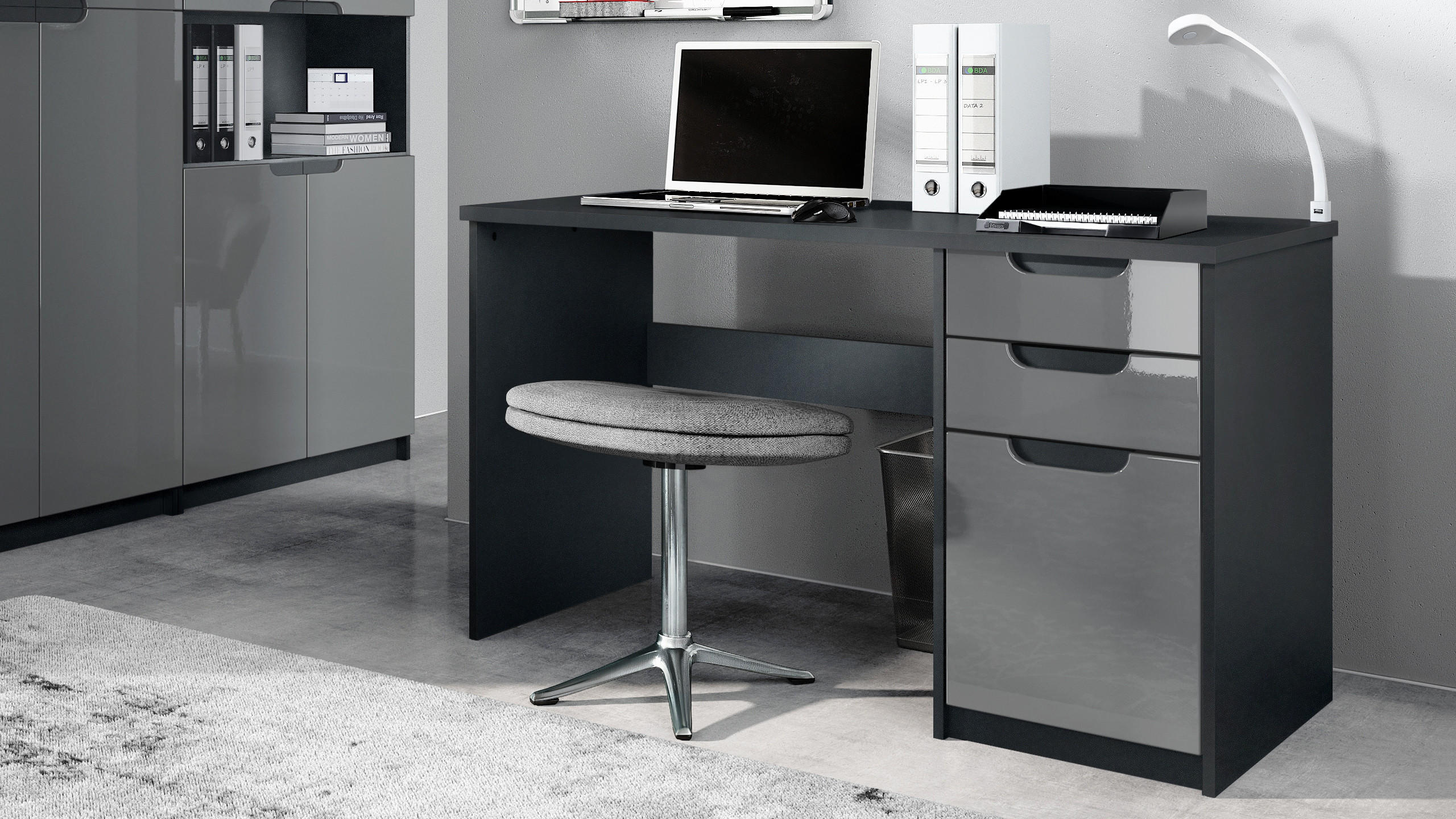 SCHREIBTISCH Logan Fronten in Grau Hochglanz - Grau, Holzwerkstoff (60/129/76cm) - Vladon