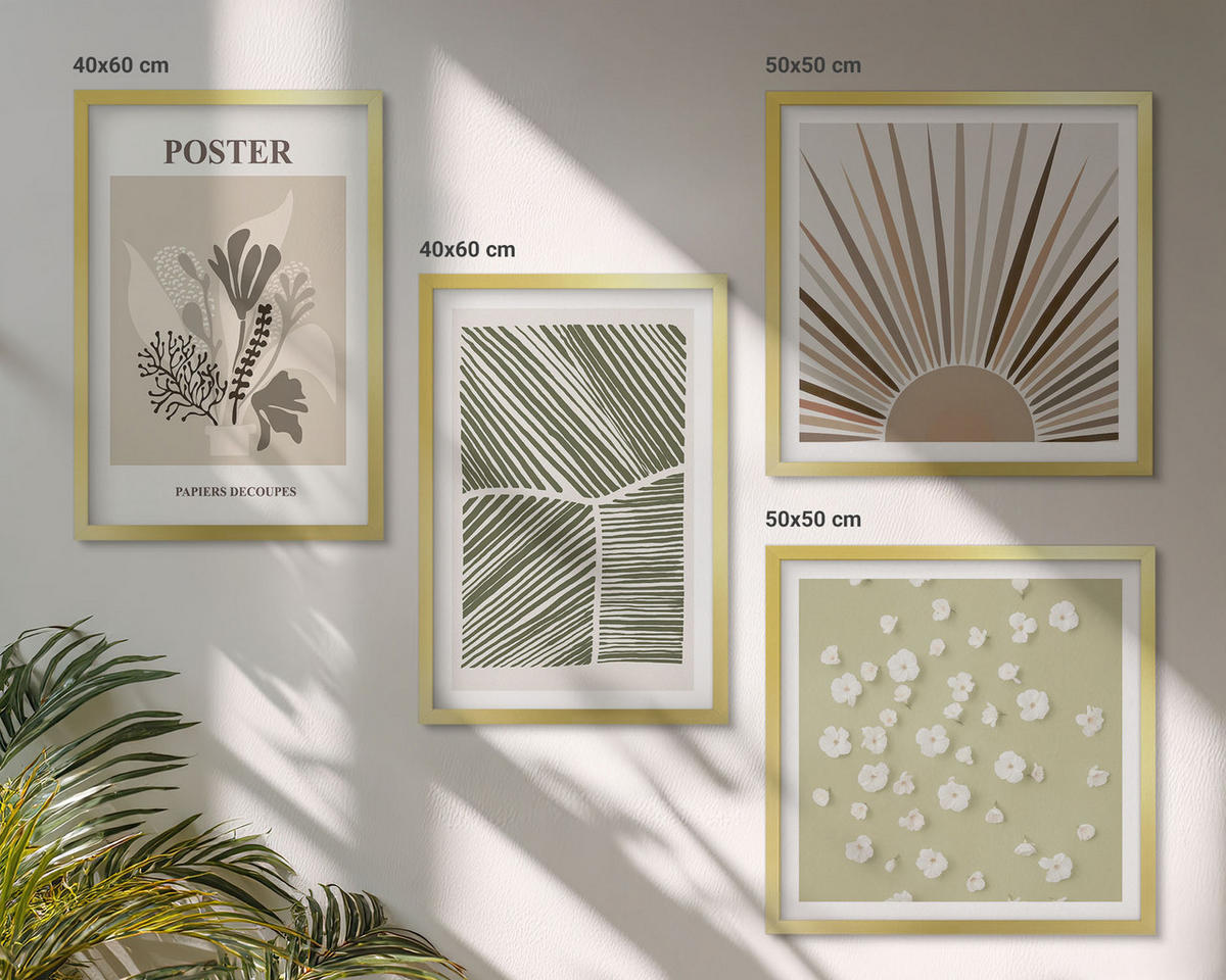 WANDBILDER 4er Set - 50x50 cm & 40x60 cm Goldrahmen - Pflanzenmotive in gedeckten Farben - Goldfarben, Kunststoff (50/50cm) - ArtPrintCave