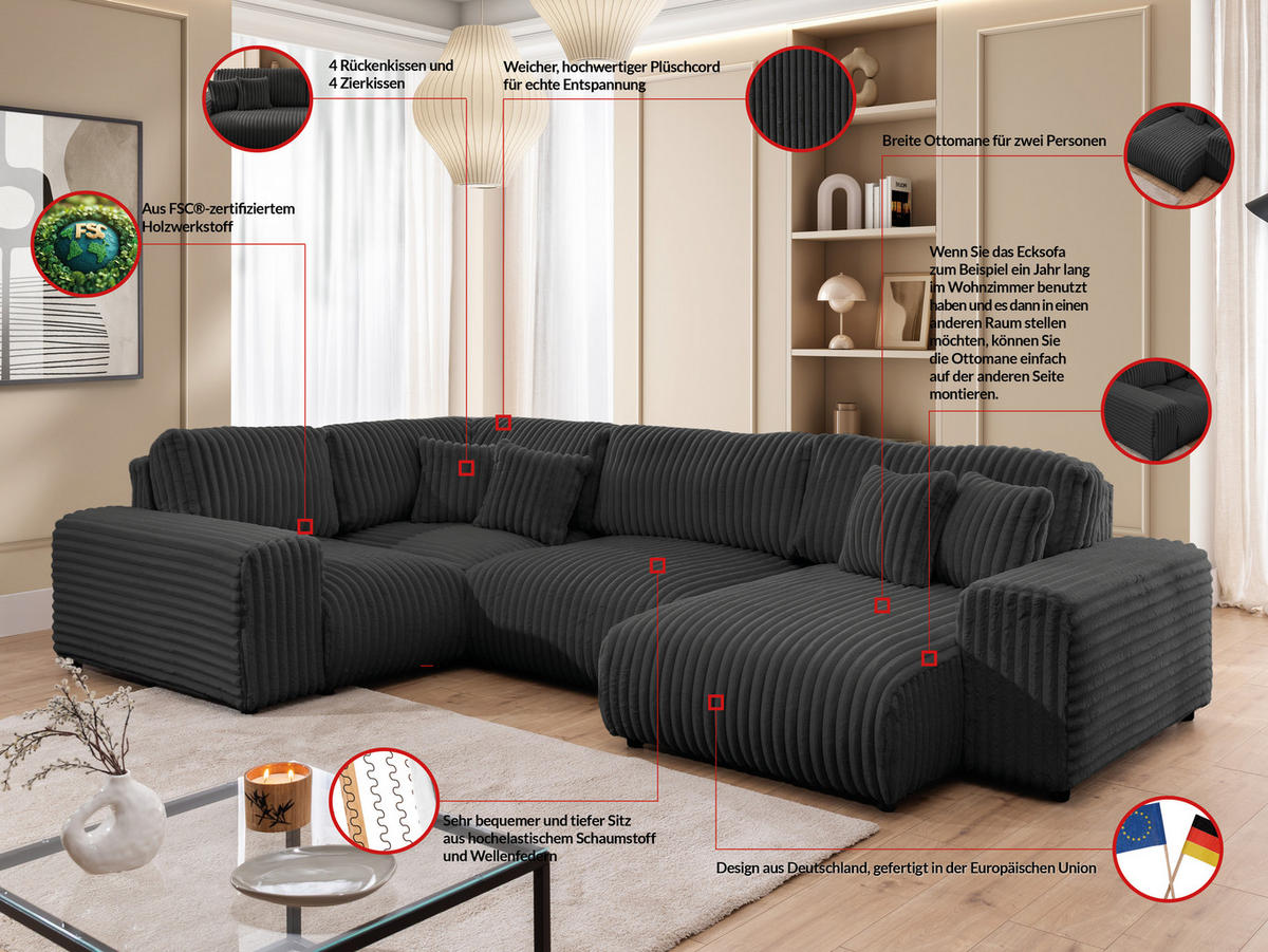 WOHNLANDSCHAFT Mollis Dunkelgrau Plüschcord im XXL-Format - Ottomane Rechts - Dunkelgrau/Schwarz, Holz/Kunststoff (316/77/194cm) - S-Style Möbel